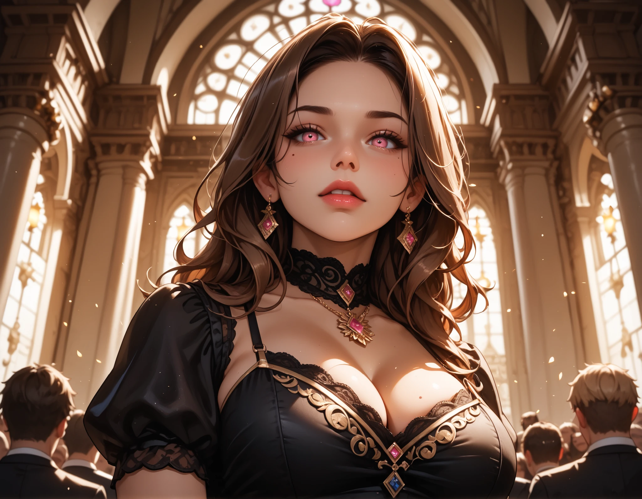 Watercolor, score_9, score_8_up, score_7_up, (Volumetric_lighting: 1.7), (masterpiece), (lora: detailed anime girlsXL), (lora: NoobAI-XL Detailer), (lora: smooth lighting enhancer) (lora: Detailed Background), (lora: NKxXmo's Shaded Face), (lora: SDXL high detailed. LoRA_SDXL_ARW_0010: 0.75), (lora: Waifu Eyes), (((Masterpiece, high quality, detailed image, 1woman, black_dress, pink_eyes,long_hair_hair, brown_hair,))), solo, cleavage, looking_at_viewer, indoors, lips, mole_on_breast, standing, wedding_venue, crowd, blurry_background, foreshadowing, 8K, high_quality, detail_focused, blurry_background, (Diminishing scale perspective:1.3), ((forced_perspective))