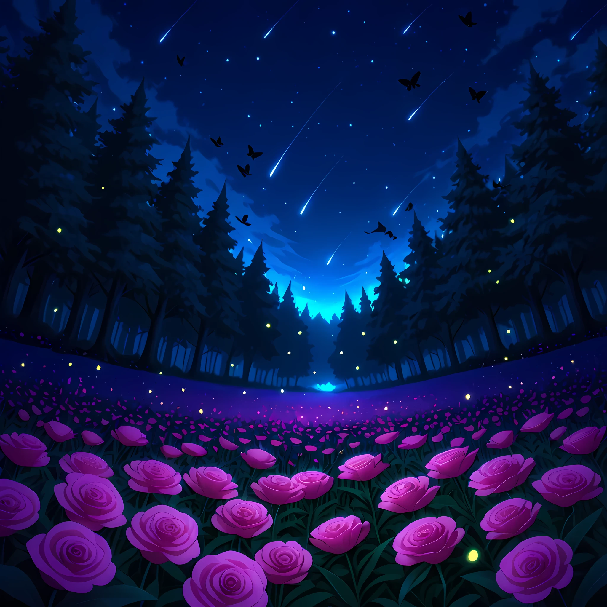((moonlit forest, starry sky, shooting star tearing through the night sky)), ((richly detailed scenery, better shading, better sharpness, better contrast, magical forest, pink roses as the focus of the image, zoom in on the pink roses, strelitzia flowers around the flower arrangement, center of the forest in full bloom, black butterflies flying around the flowers, fireflies near the trees, full HD, balanced lighting):1.2) | ((anime style Tales of Zestiria:1.2)), ((counter-dive angle, perfectly detailed scenery, better image quality, full HD, anime fantasy style)).