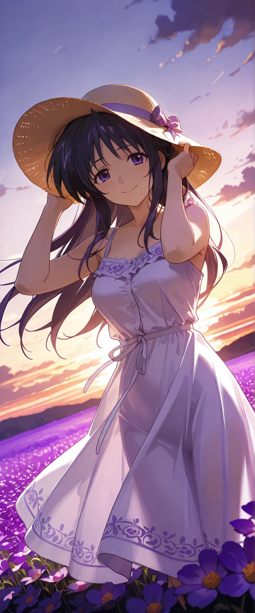 1 woman, akeno himejima, dutch angle, dark hair, violet eyes, summer hat, violet summer dress, cheerful smile, windy, flower field, sunset, chiaroscuro, masterpiece, high quality, highly detailed