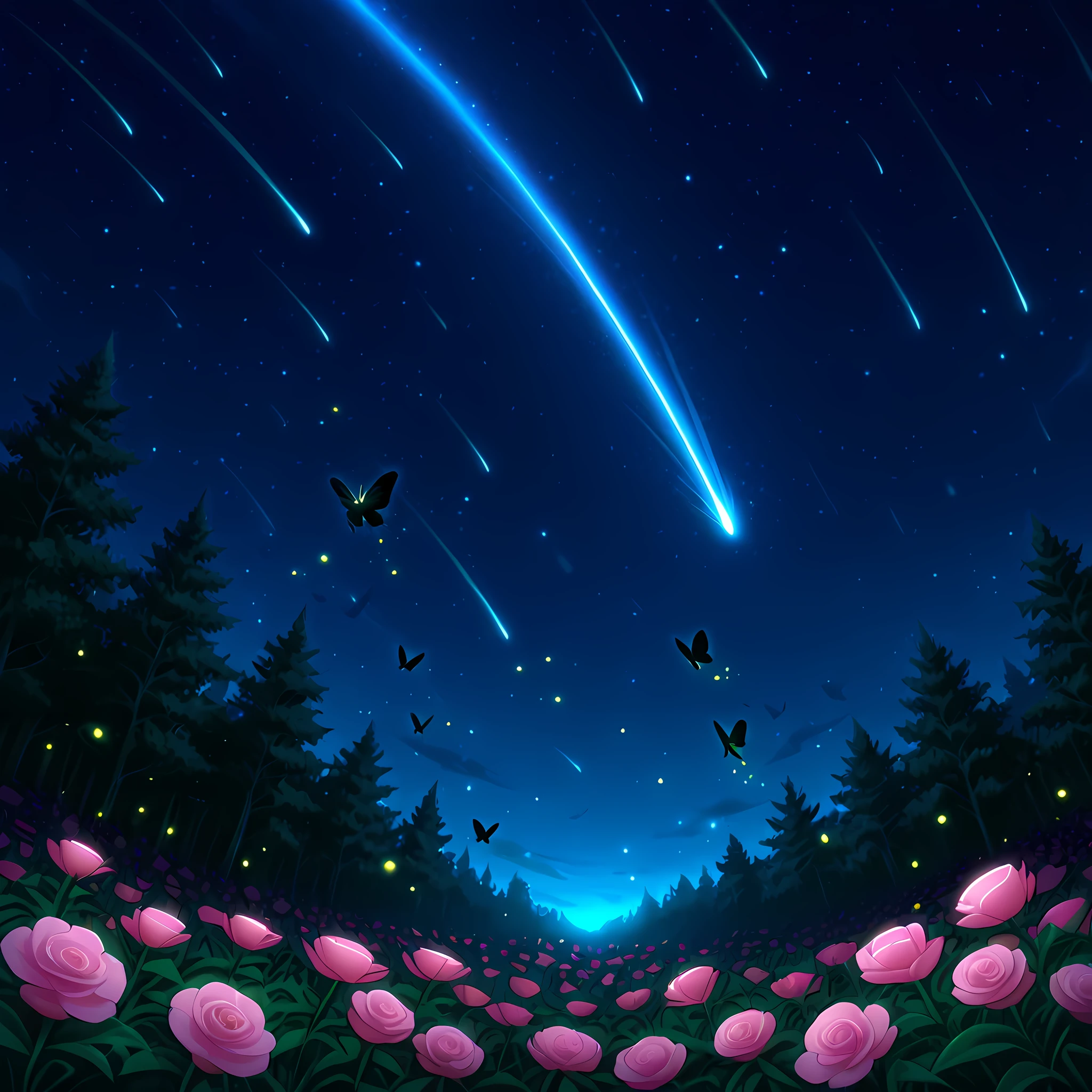 ((Fireflies flying over the flowers, richly detailed insects in the scenery, moonlit forest, starry sky, shooting star tearing through the night sky)), ((richly detailed scenery, better shading, better sharpness, better contrast, magical forest, pink roses as the focus of the image, zoom in on the pink roses, strelitzia flowers around the flower arrangement, center of the forest in full bloom, black butterflies flying around the flowers, fireflies near the trees, full HD, balanced lighting):1.2) | ((anime style Tales of Zestiria:1.2)), ((side angle, perfectly detailed scenery, better image quality, full HD, anime fantasy style)).