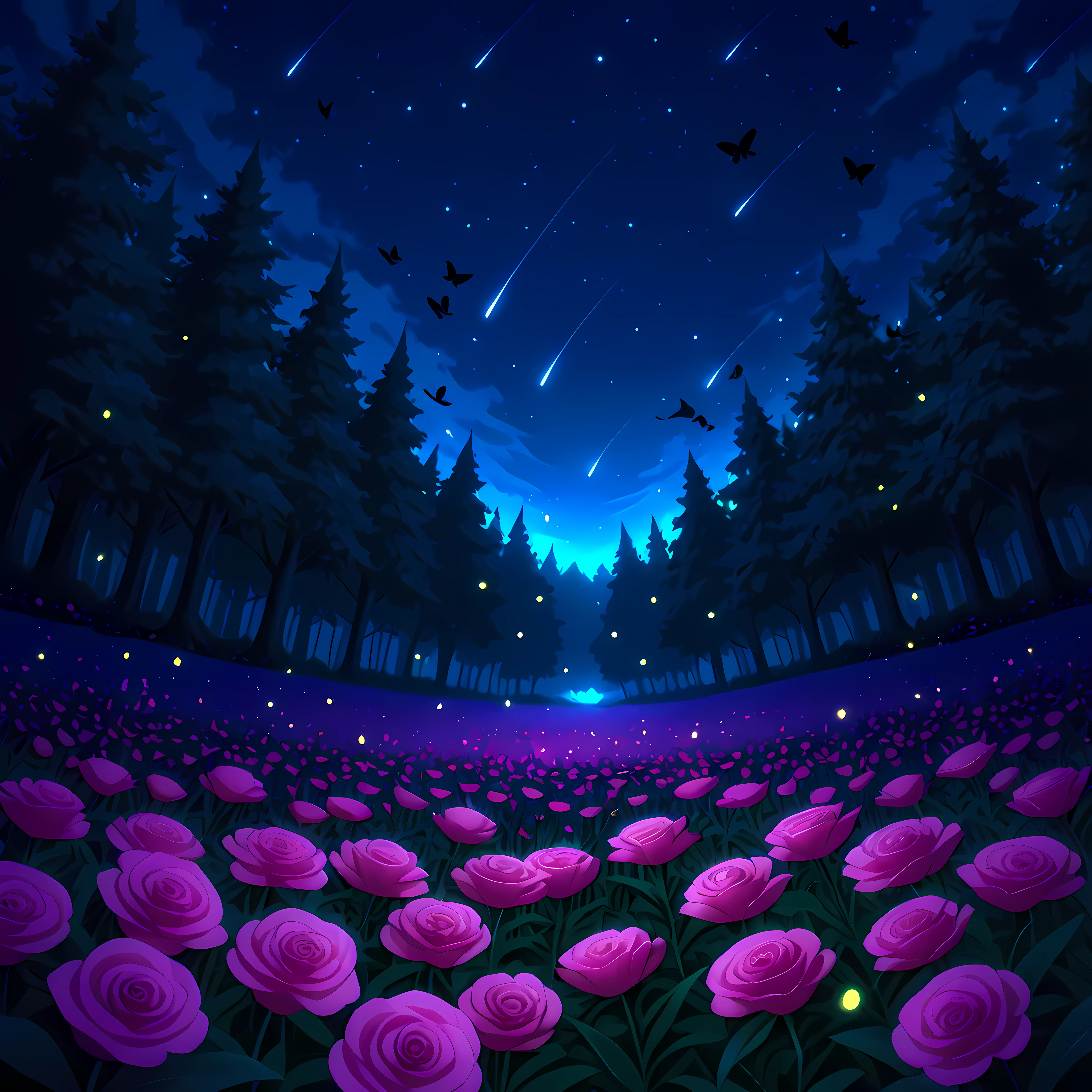 ((moonlit forest, starry sky, shooting star tearing through the night sky)), ((richly detailed scenery, better shading, better sharpness, better contrast, magical forest, pink roses as the focus of the image, zoom in on the pink roses, strelitzia flowers around the flower arrangement, center of the forest in full bloom, black butterflies flying around the flowers, fireflies near the trees, full HD, balanced lighting):1.2) | ((anime style Tales of Zestiria:1.2)), ((counter-dive angle, perfectly detailed scenery, better image quality, full HD, anime fantasy style)).