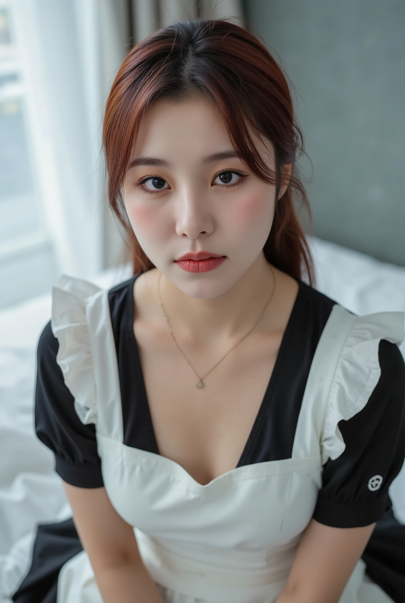 score_9, score_8_up , score_7_up , realistic, photo, detailed face and eyes, detailed skin, maid clothes,20 years old,cute girl,Narrow shoulders, white skin, wh3ein,(younger:1.5),(skinny:1.1),(Lanky:1.1),(Tiny ),(),, bed, small breasts,short,,younger,cute girl, realistic , korean,From above