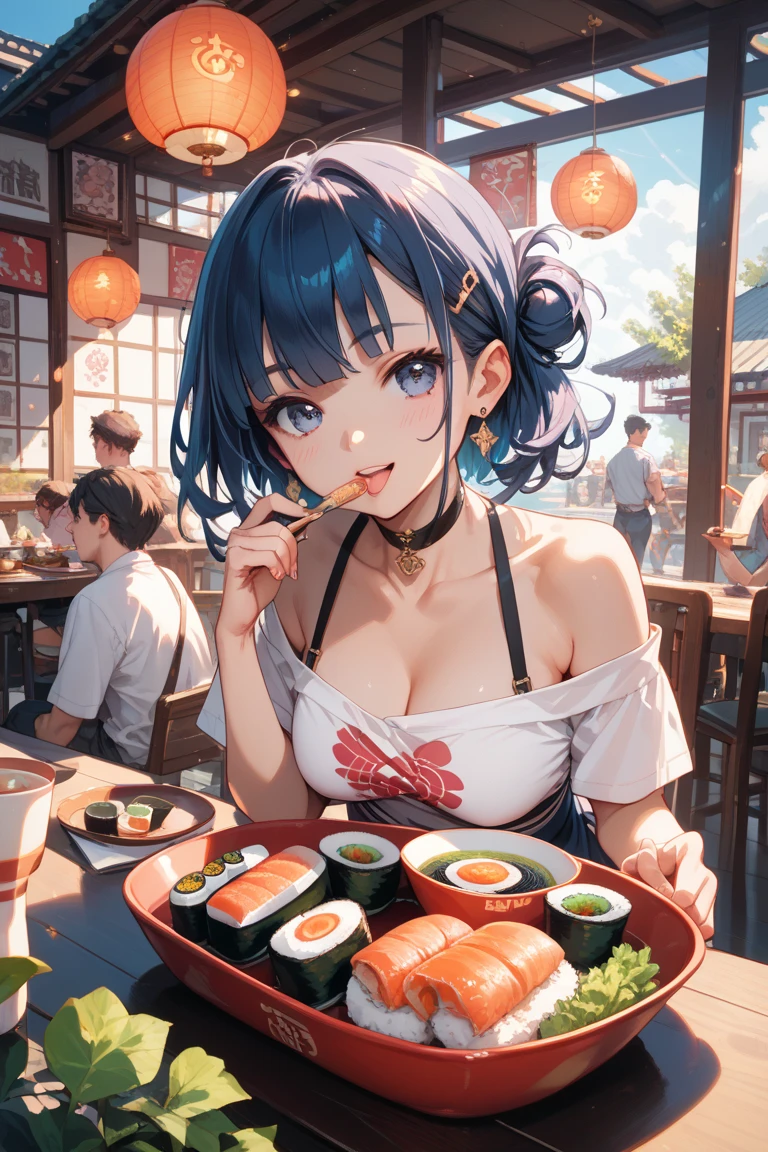 A girl in a micro bikini making yakitori