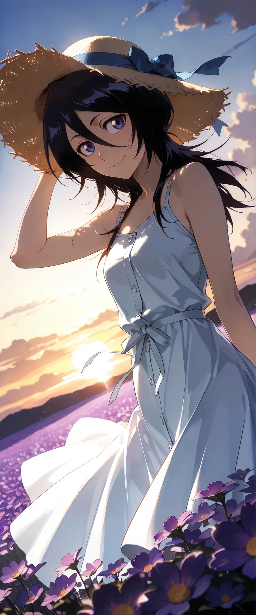 1 woman, rukia kuchiki, dutch angle, dark hair, violet eyes, summer hat, blue summer dress, cheerful smile, windy, flower field, sunset, chiaroscuro, masterpiece, high quality, highly detailed