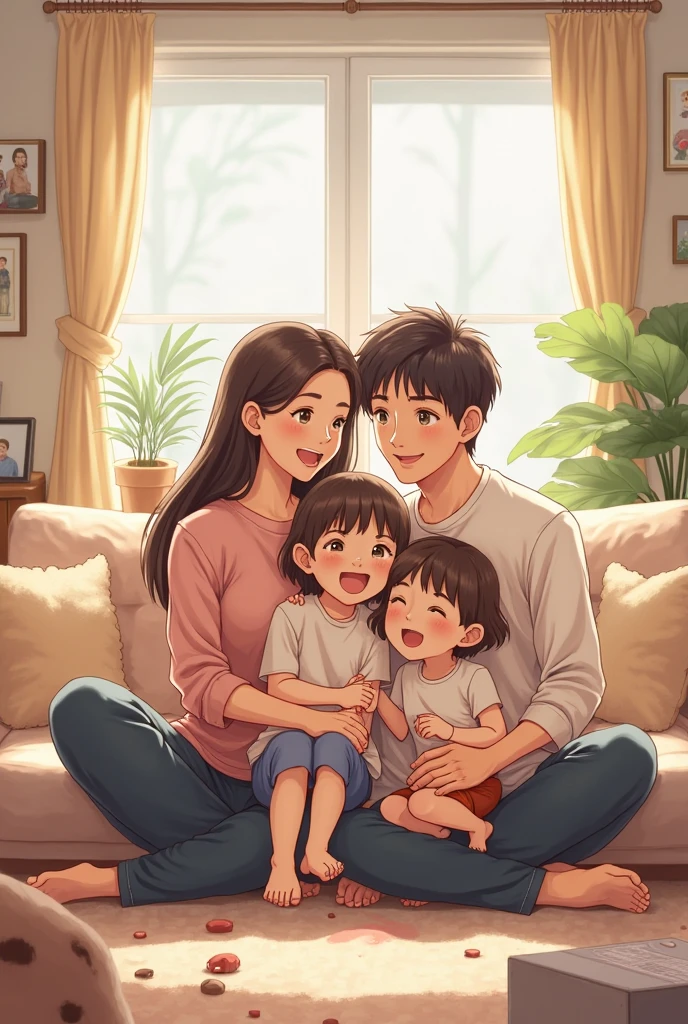 family with brother sister mom and dad with dog anime