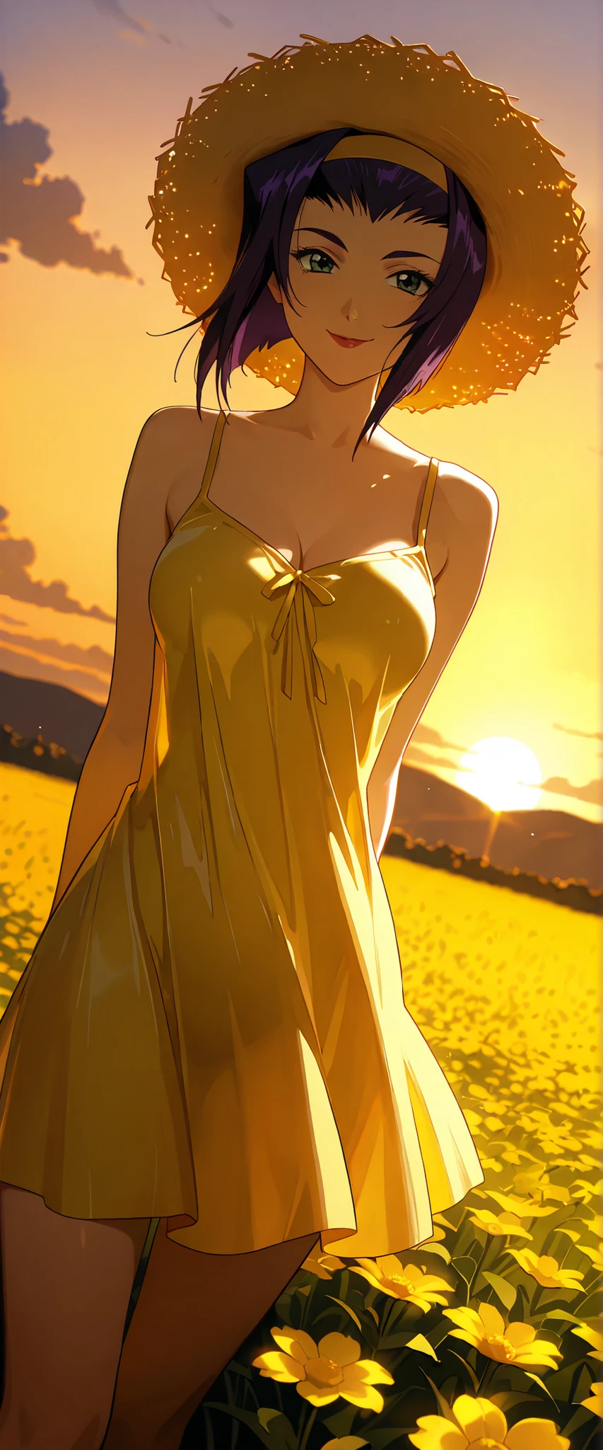 1 woman, faye valentine, dutch angle, purple hair, green eyes, summer hat, yellow summer dress, cheerful smile, windy, flower field, sunset, chiaroscuro, masterpiece, high quality, highly detailed