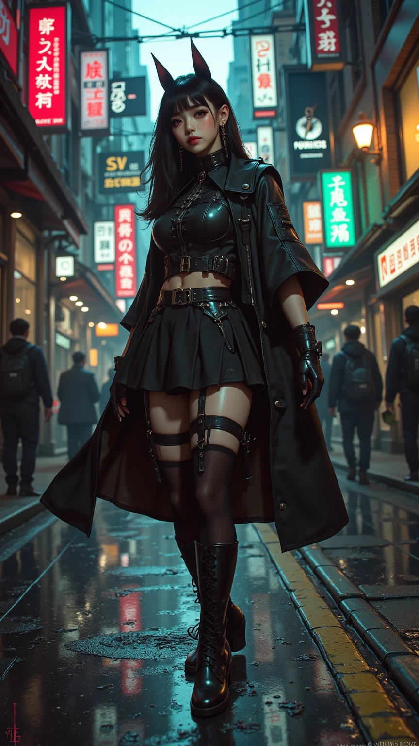 (((NSFW0.7))),Better Quality, Realist, Award-Winning Illustration, (Intricate details: 1.2), (Fine Detail), (Intricate details), (Cininatic Lights, Better Quality Backlight), Crisp Lines, Sharp focus, Official Art, unity wallpaper 8k, Absurd, unbelievably Absurd, Huge file sizes, Ultra- (in_main_two:1.21), (Neon lamp), Fantasy art, RTX,((triangle closeup photo by award winning studio )), 1 girl, so beautiful, (run away), small , ((two da cidade cyberpunk, Valkyrie)), Perfect hands, Beautiful and fine details, Perfect Face, (Cyberpunk Blouse, leather jacket, Martin boots) ,((Pleated skirt) ), ((Supermodel posture)),((Big Breasts)),(See through)