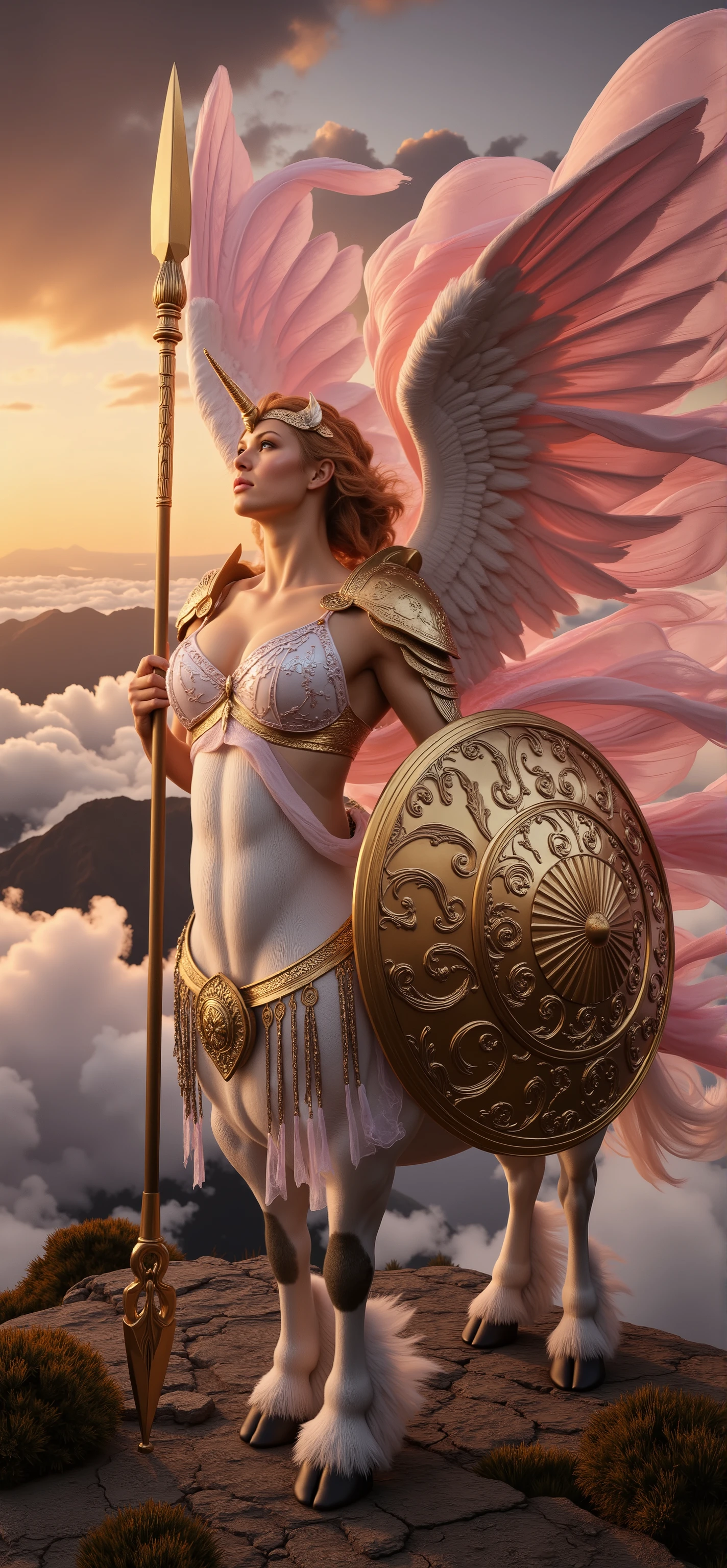 hdr, realism, perfect hand, gigantic breasts, cleavage, big ass, slim waist, hourglass figure, light makeup, rosy cheek, deep blue eyes, big eyes, dimples, small sharp nose, an ultra photo realistic full body image of a beautiful double braid ginger supermodel female centaur muscular woman with gold armored angel wings and unicorn horn on her forehead, looking up to the side, wearing bikini armor with intricate patterns, wielding long spear and large shield with intricate patterns, hair blown wildly in the wind, side view. Background: cliff overlooking mountains, sea of cloud, sunrise, autumn plants,
