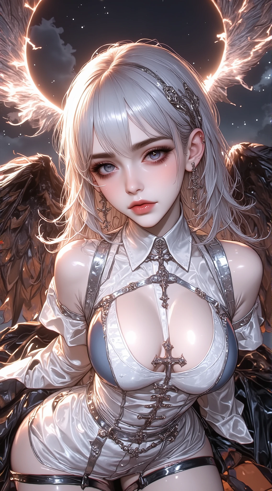 (best quality,ultra-detailed,realistic:1.37),portrait,detailed bird-like wings,detailed bird-like legs,long white hair,beautiful purple eyes,detailed lips,mysterious atmosphere,dark clothing, braid a hair, roupa ladino, manto cobrindo ela, sexy, sex, fucking, naked, sex with a man, fodendo, transando