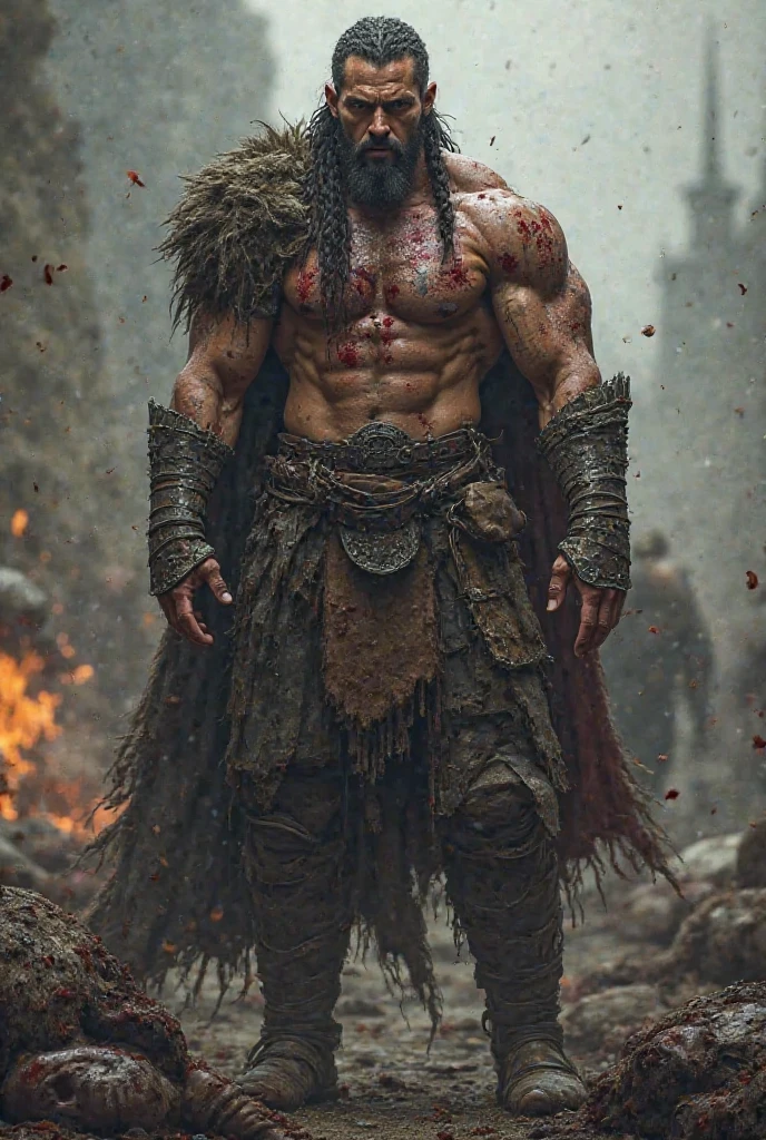 "Create a severely battered fighter Not head-on but slightly to the side. with Arrows embedded in his back and one in his right shoulder, sword cuts, a lance in his heart, but who refuses to give up. His left hand holds his right shoulder, his left eye is injured. Preferably a Viking."