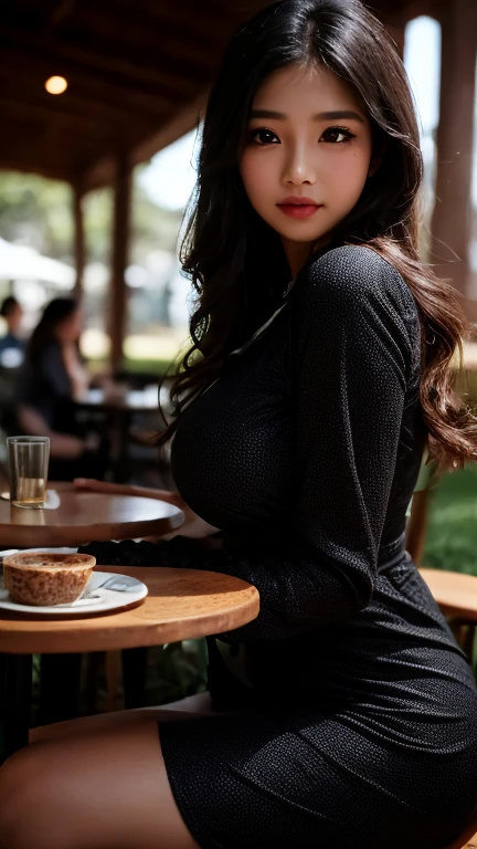 20 year old woman sitting in a chair legs crossed, sleeveless long dress,long black hair,perfect face, huge breasts,slim waist, wide hips, thick thighs,long legs,cafe,round table with pastries on plates