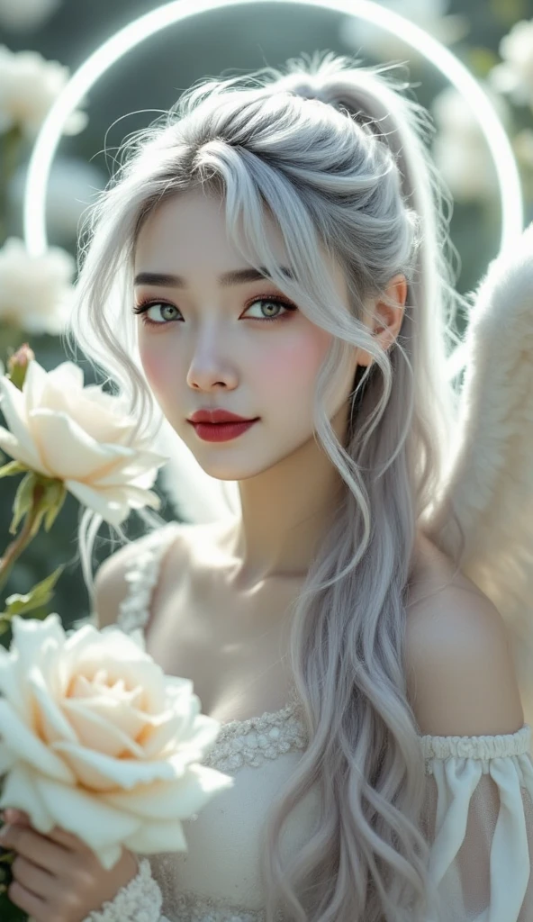 ((realistic, best quality, highest resolution, 8k)), ((accurate , accurate body, accurate hands, Accurate feet)), full body photo, She is a beautiful Japanese girl with beautiful angel wings, long ponytail hair, silver hair, silver eyes, red lips, pale skin, clean skin, She's a beautiful angel, Roses are blooming all around her, There is also a nice halo behind her, sacred atmosphere, her beautiful smile