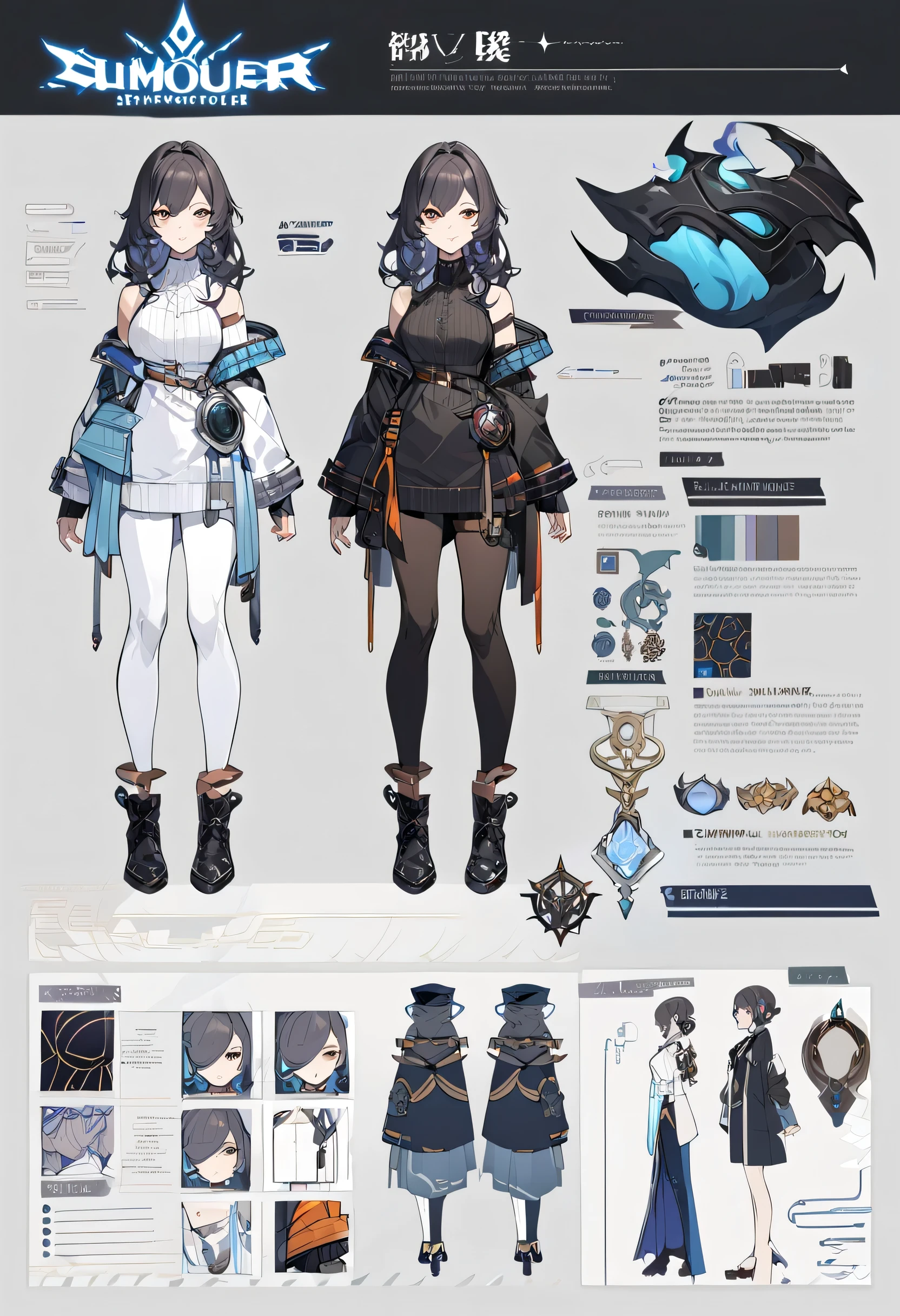 Virtual Character Design,concept character sheet, face, modern design, 1 woman,Summoner ,