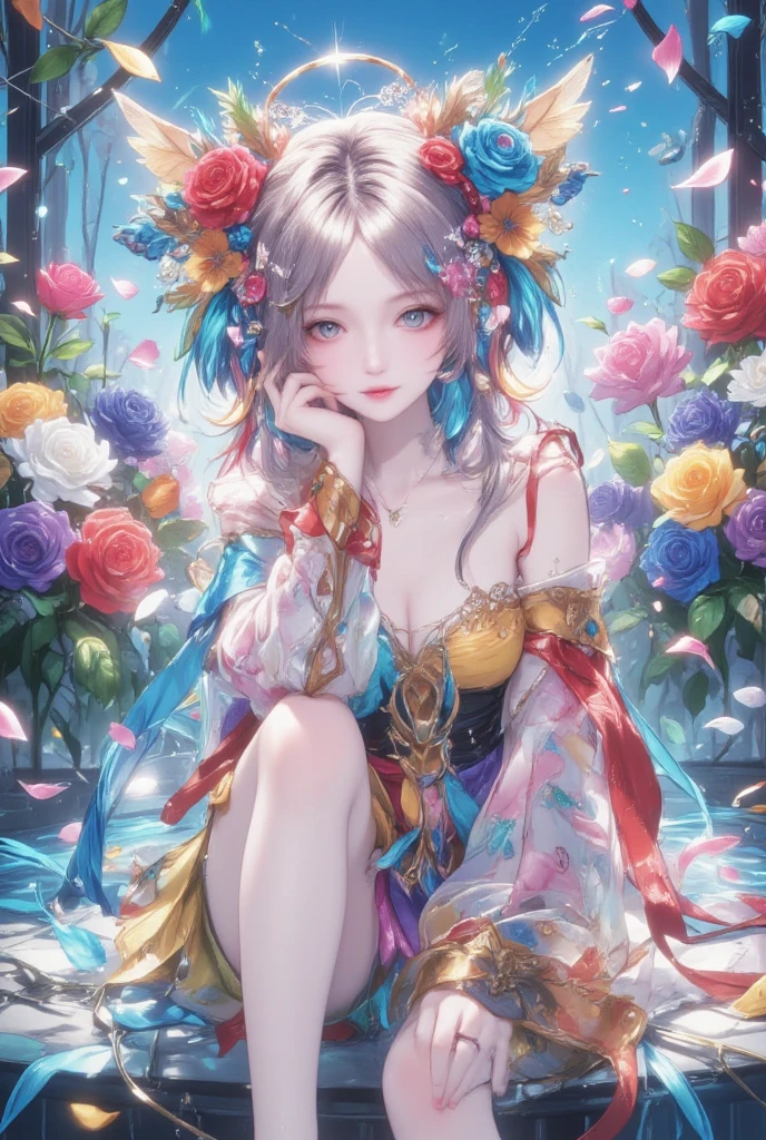 Best Photos、An illustration、detailed、(Watercolor:1.4)、(Hand-drawn:1.2)、(Watercolor brush bristles)、 masterpiece: 1.7, Highest quality、solo、Show me your back、Picturesque、sketch、Paper Texture、Ultra-high resolution、extra detailedd face、Highly detailedd eyes、Flat Color、Limited palette、High Contrast、Realisticな、Best lighting、goddess、elegant、Leprechaun、Mature Woman、Beautiful woman、Jewel Eyes、Gray Hair、Straight hair、Blue Gem、Smile a little、Blanche:1.5、(Tangleた、And Mandalas、Tangle、Intertwined:1)、Background Flowers、Lots of flowers、(((Stickers))), Exquisite detail, Highest qualityの8K解像度, 非常にdetailedな, Realistic, Vibrant colors, Soft tones, Warm and gentle lighting, (Beautiful Gothic Black Dress, Cute pink ribbon, Beautiful frills:1.2),(Sleek and straight pink hair:1.2),(Hair parted in the middle:1.2),(Shiny Hair),(Pink Eyes:1.3),Garden Girl,With overflowing softness and kindness,Visible and tangible emotions,(The promenade is full of flowers:1.3), Create colorful reflections.The sun shines with joy and pure love, Casts a warm golden glow on the girl's face,Freed from the troubles of this world. The atmosphere is full of happiness and laughter, It's like heaven、As if celebrating love,デジタルAn illustrationと写真を組み合わせて作成する, 超高精細な描写とVibrant colorsにこだわる. A style that combines romanticism and realism、You can feel the depth of love. The color palette consists of soft pastel tones., Creates a dreamy and fantastical atmosphere. The lighting is soft and diffuse, Put a gentle light on your face,この作品はmasterpieceだ,