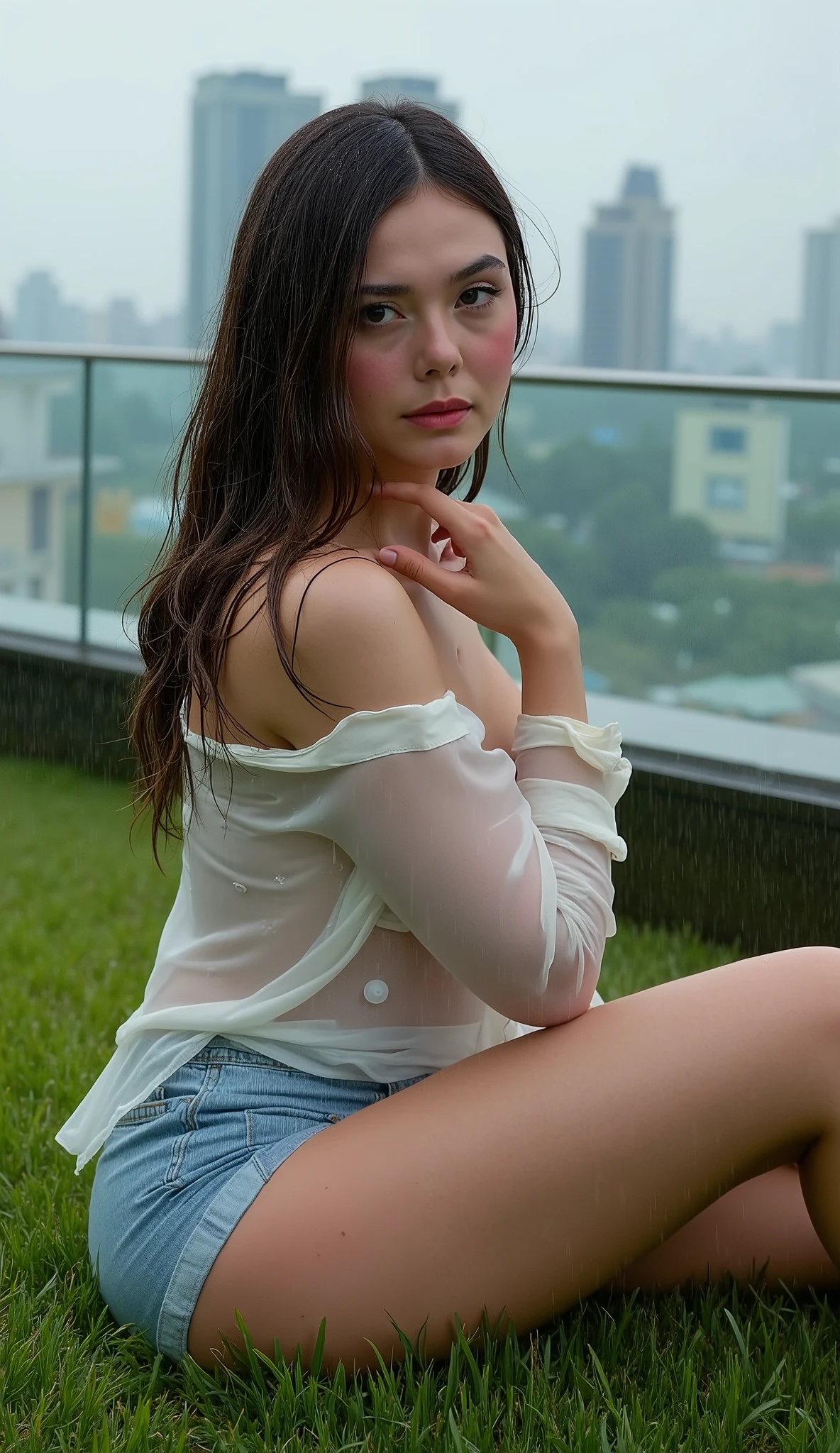 Beautiful woman, perfect body shape, wearing a thin shirt sitting on the grass, looking at the camera in the rain, shirt and body wet with rain water, transparent plastic shirt and shiny denim shorts, photo on the rooftop in the city, Thailand, masterpiece, High resolution, Highest resolution,