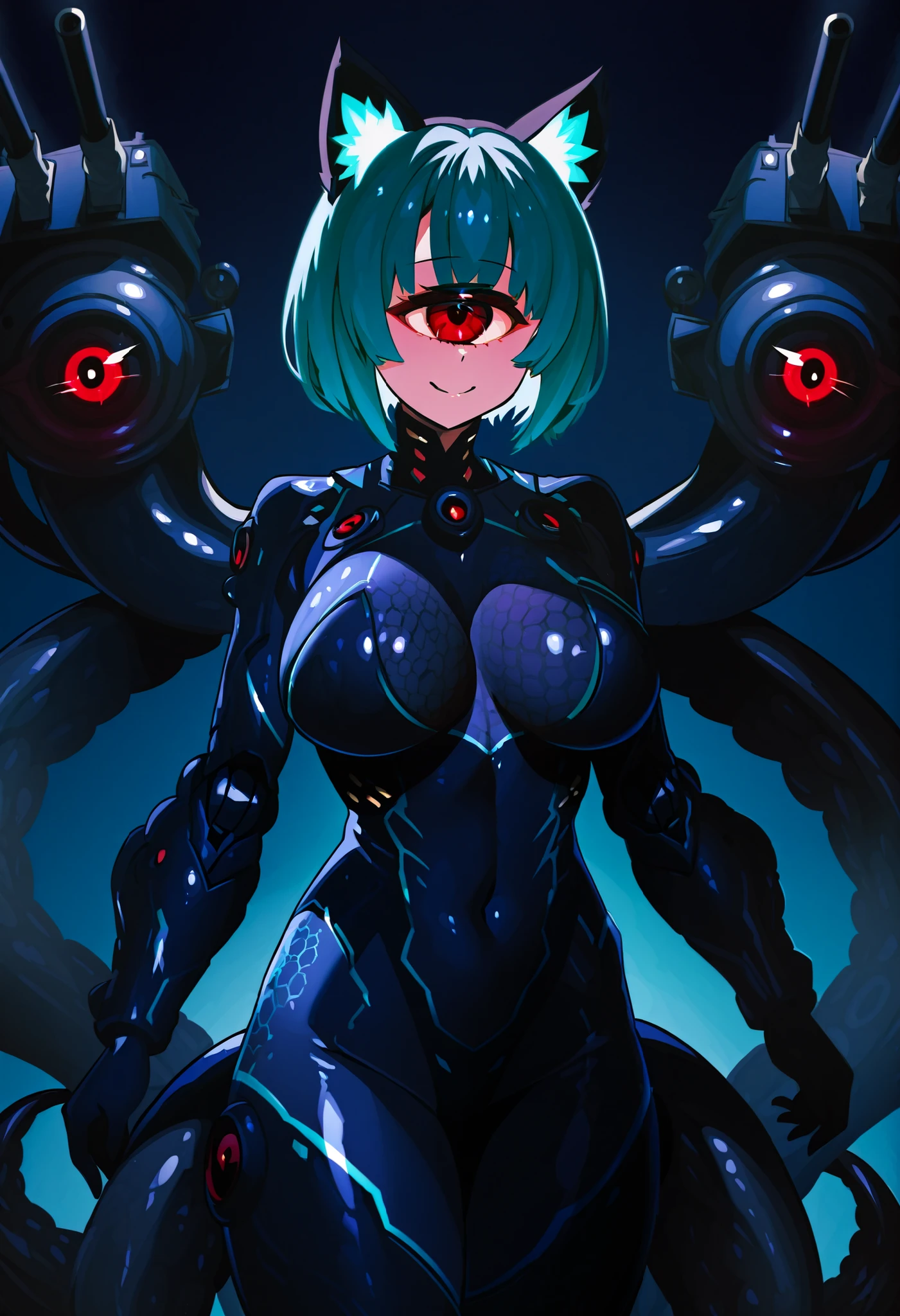 Scylla style girl. Cyclops eye. Grinning. Sci-fi style bodysuit. Navy blue and black costume. Honeycomb pattern bodysuit. Big breasts. Perky breasts. Weapon arms. Fusion with battleship. Turret. Black tentacles. Red glowing lines. Aqua colored hair. Short hair. Mechanical cat ears.