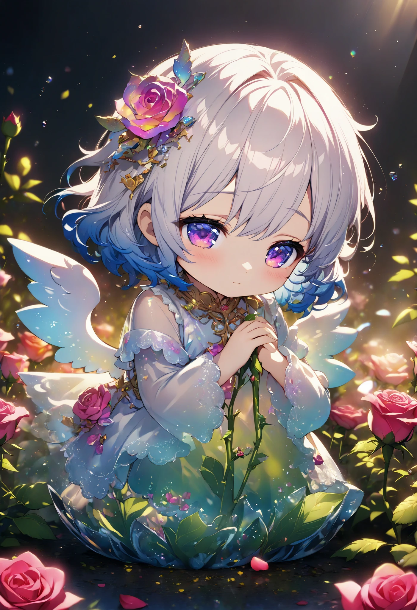 ultra detailed, absolutely resolution, masterpiece, highly detailed, sharp focus, vivid colors, soft lighting, cinematic composition, close-up of a transparent glass rose, petals crumbling into pieces, pollen scattering, a rose chibi cute angel dwelling in the remaining pistil, hiding shyly, a flowerbed of roses of various colors, extremely delicate depiction, extremely clear image, 2.5D, artistic photography, hyper realistic