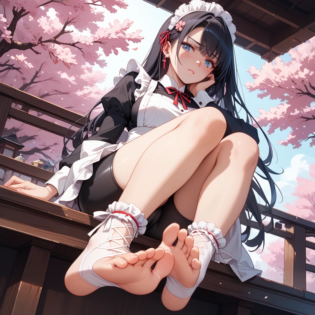 beautiful, (masterpiece:1.2), (best quality:1.2), Beautiful 18-year-old white girl with red eyes, long swept-back straight black hair, Happy and posing with peace signs, Red and white frilly miniskirt, white mini croptop, bare feet, daylight, stretching feet on a park bench, feet focus, ((feet visible))
