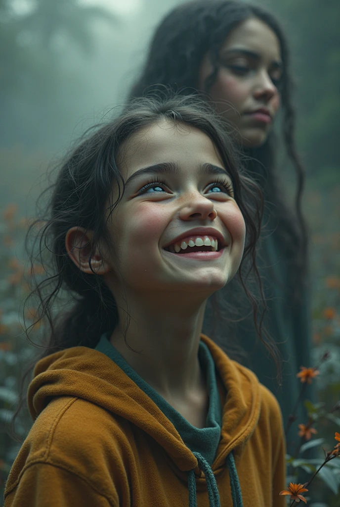 A girl in a dark grey sweater, on a dark forest path in the evening, facing the viewer, smiling, waving one hand greeting the viewer, cute, small, emwts, ponytail, short grey socks and brown trecking boots