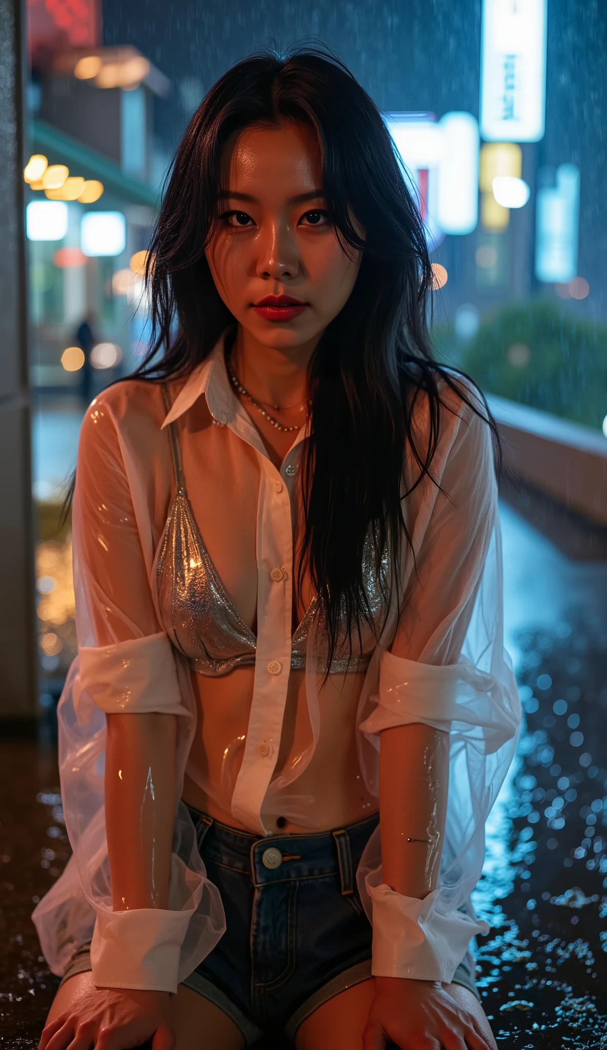Wet roads ,drenched, Dripping, Wet Face,Wet clothes, Wet Skin, Wet Hair,A young woman with a cute face like a Japanese idol,chest,((Full body portrait)),((Cinema lighting),(Natural light),(High level of artistry),(Artistic),(Quality indistinguishable from real life),RAW Photos,Genuine,Genuine,High resolution,RAW Photos,masterpiece, beautiful