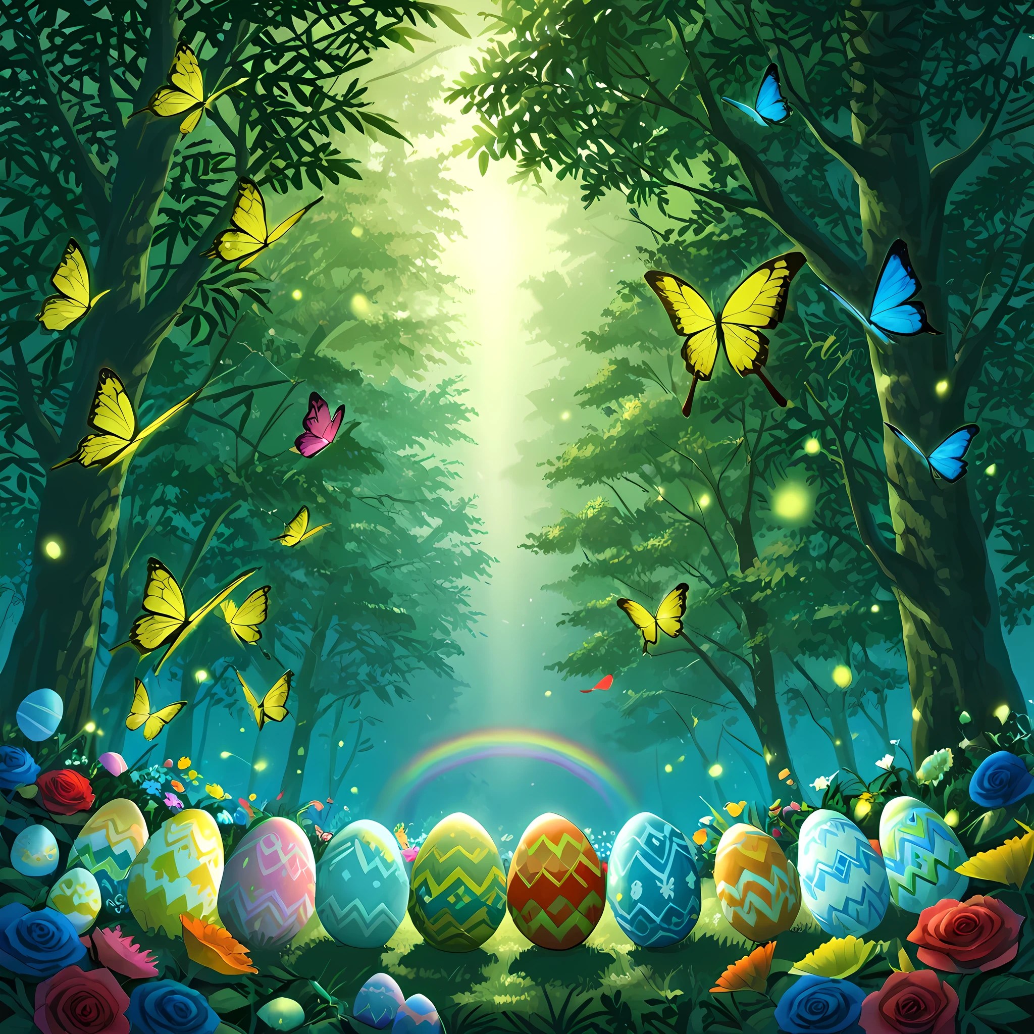 ((rainbow colored roses, petals of different colors, easter eggs in the center of the scene with different colors and designs):1.4), ((butterflies of different colors very close to the observer, incredibly detailed butterflies, rainbow colored butterflies):1.2) | ((moonlit forest, starry sky)), ((richly detailed scenery, better shading, better sharpness, better contrast, magical forest, strelitzia flowers around the flower arrangement, center of the forest in full bloom, fireflies near the trees, full HD, balanced lighting):1.2) | ((anime style Tales of Zestiria:1.0)), ((close-up)), ((perfectly detailed scenery, better image quality, full HD, anime fantasy style)).