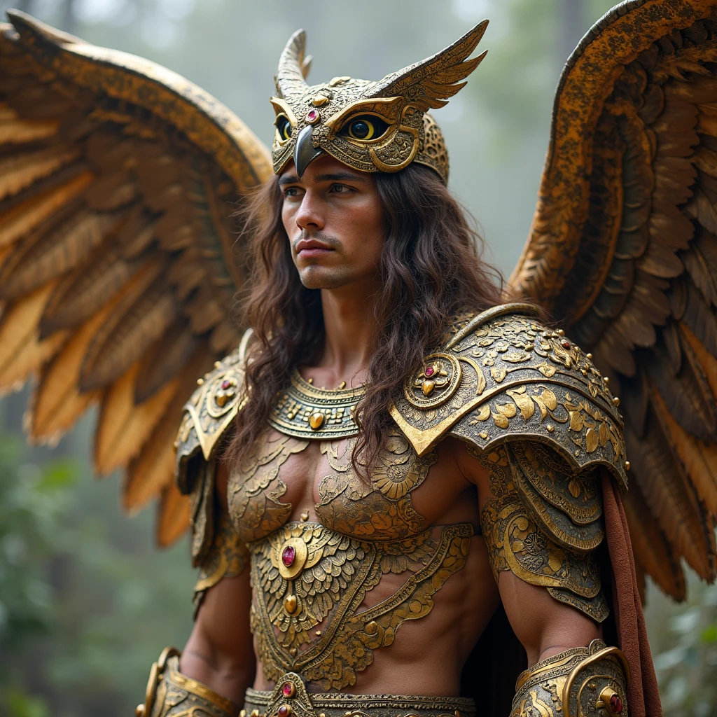 Design me a {Colossal Masterpiece, realistic oil painting, best quality, by Gustave Moreau, chiaroscuro, iridescent, holographic}, terror dramatic portrait of a male high elf Garuda, blonde, elf ears, ((his skin is jaundiced)). ((((displaying iridescent rainbow colored wings, reclined, sat on a throne in a jungle temple)))). more detail XL