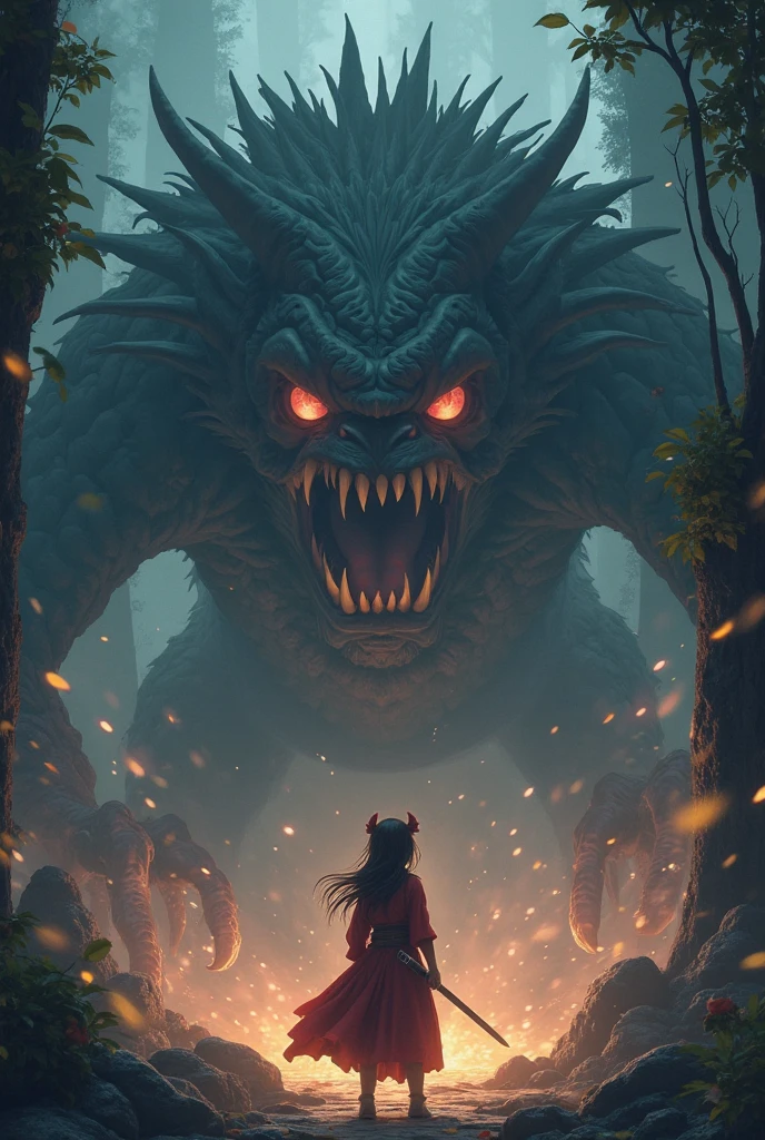 Giant Quadruped Demon Dragon, breathing fire from his mouth In a well-lit forest with cherry trees