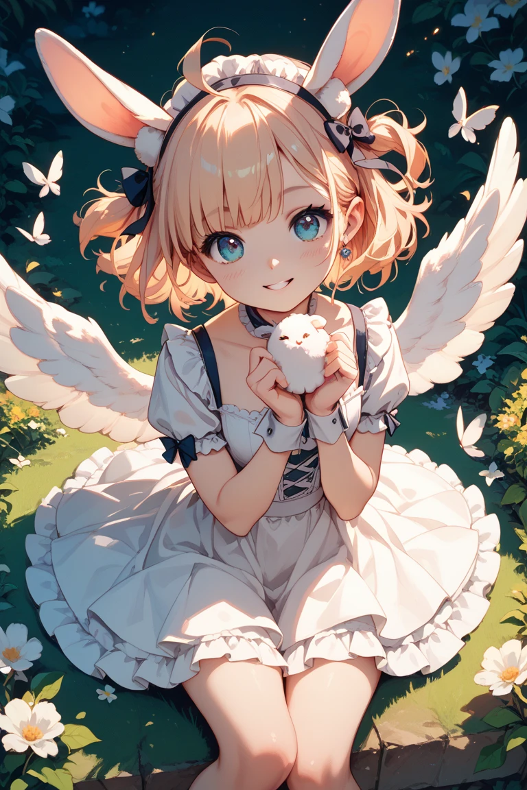 ((masterpiece,best quality)),1girl, white hair, small, short, solo, animal ears, rabbit, barefoot, knees up, dress, sitting, rabbit ears, short sleeves, looking at viewer, grass, short hair, smile, puffy sleeves, outdoors, puffy short sleeves, bangs, on ground, full body, animal, white dress, sunlight, brown eyes, dappled sunlight, day, depth of field, visible nipples, visible pussy, transparent clothes