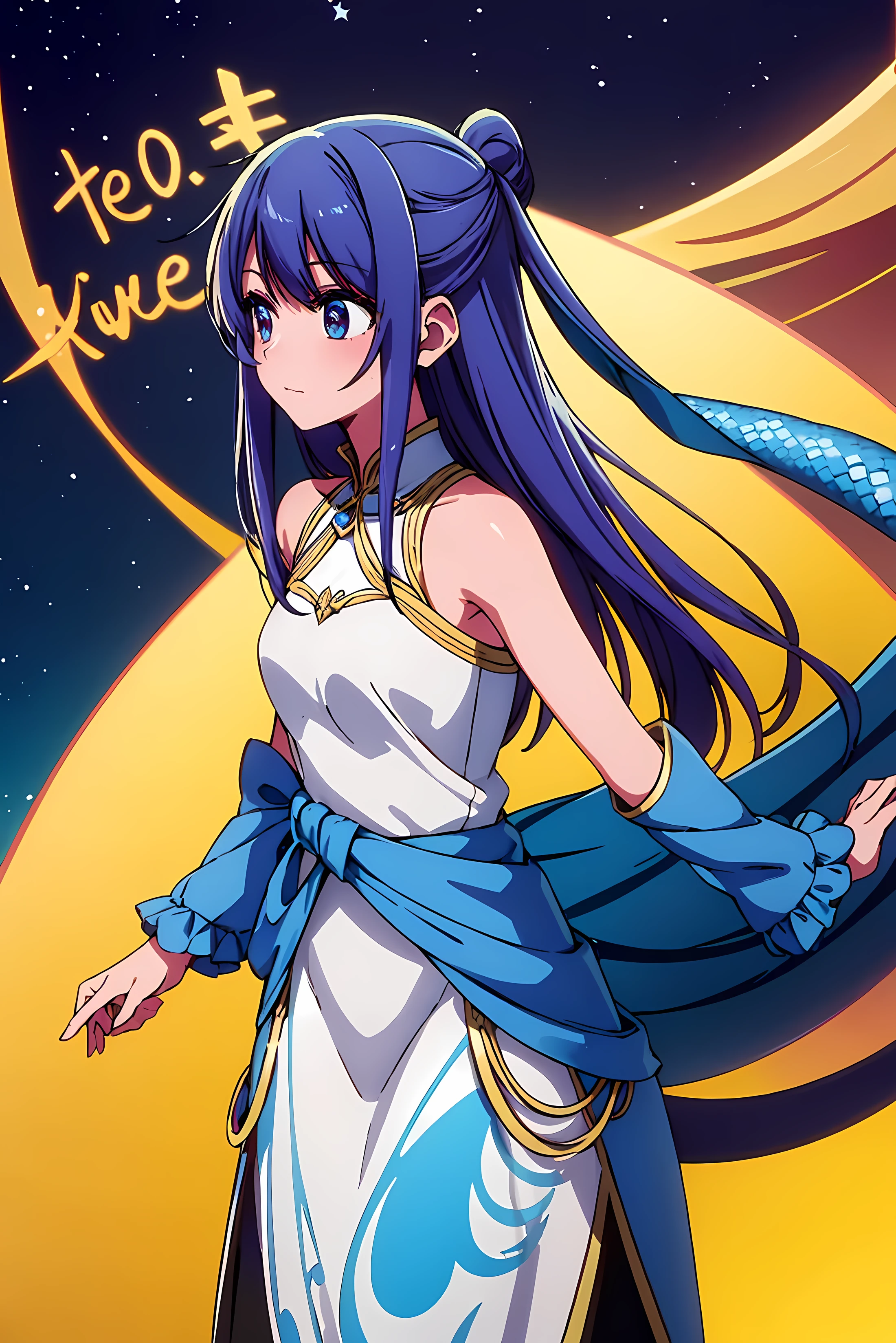 Close-up of a small blue snake circling around itself,Adorable colors evoke prosperity and good luck。Next to the snake,a young girl,fair skin and sharp starry eyes,standing confidently against a crisp white background in a black princess dress。above,, the bold golden text shines,in elegant cursive writing “Happy New Year 2025”,It creates a warm atmosphere。