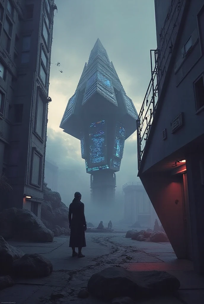((Best Quality)) Hooded person looking at futuristic architecture of alien civilization with dark color palette