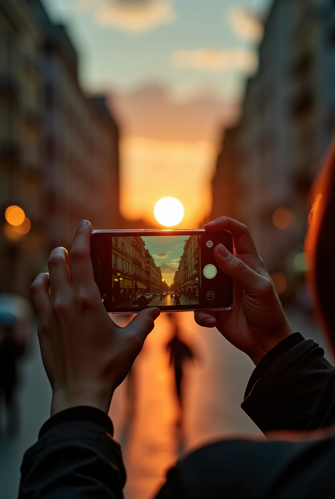 Thumbnail for a photography ebook where the focus is on training the photographic eye, a cell phone pointed somewhere taking a picture, or a hand holding a camera photographing a beautiful place in the city at sunset, with orange and green hues, striking and cinematic shadows