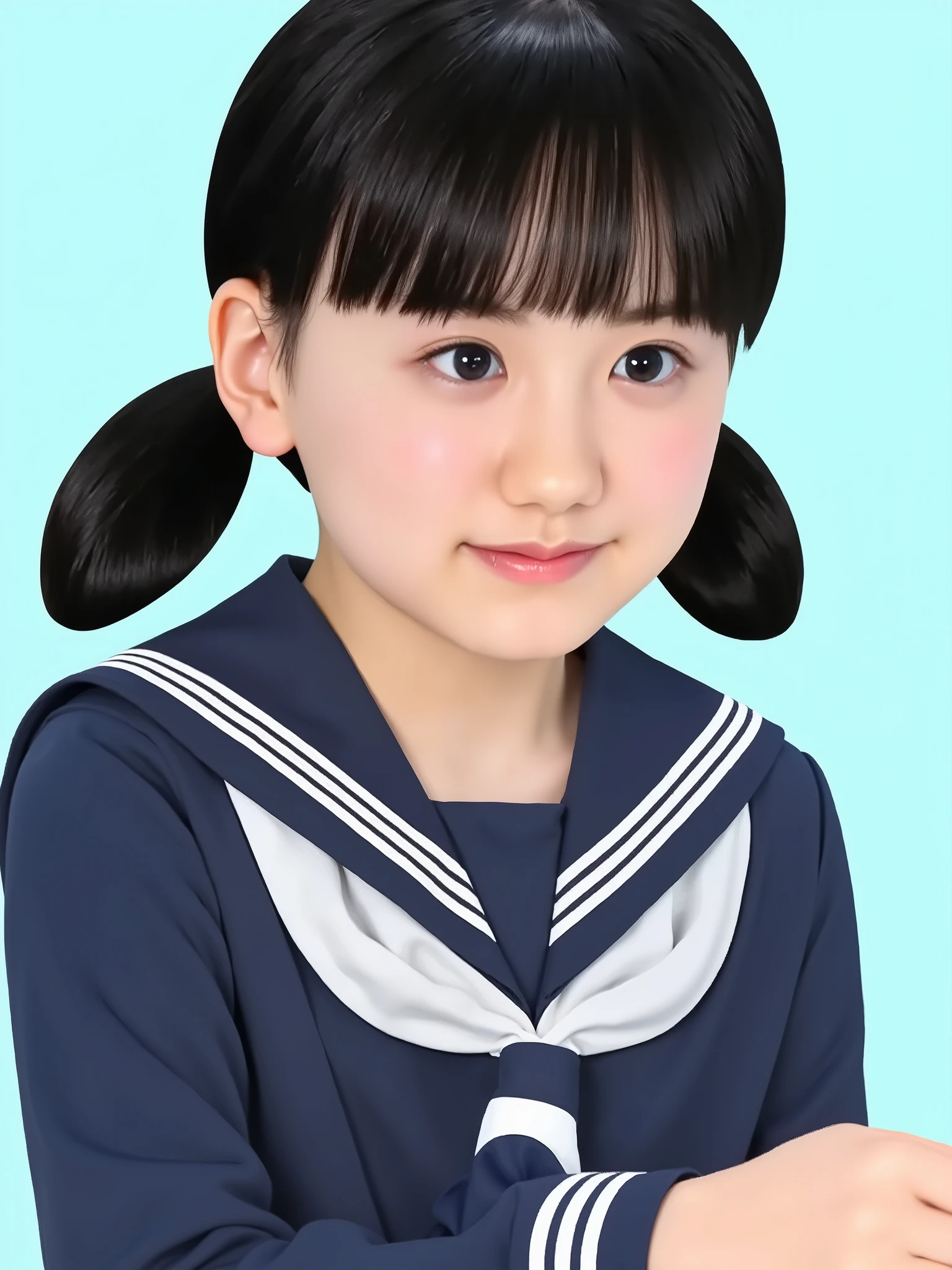 (o girl, small breasts), (absurdres, masterpiece, best quality, ultra detailed, photo realistic:1.2), (beautiful face, simple face, baby face:1.2), (flat chest, skinny, scrawny:1.4), (shiny skin, pigment is light:1.2), armpit, perfect body, perfect anatomy, nsfw,
BREAK, 1girl, (laugh, teeth:1.0), from above, full body shot, (upturned eyes:1.1), ((looking down:1.3)), (wearing sailor suit, dark blue, long sleeve:1.3), twintails hair, (black hair:1.2), bangs, silky hair, detailed hair, perfect fingers, perfect lighting