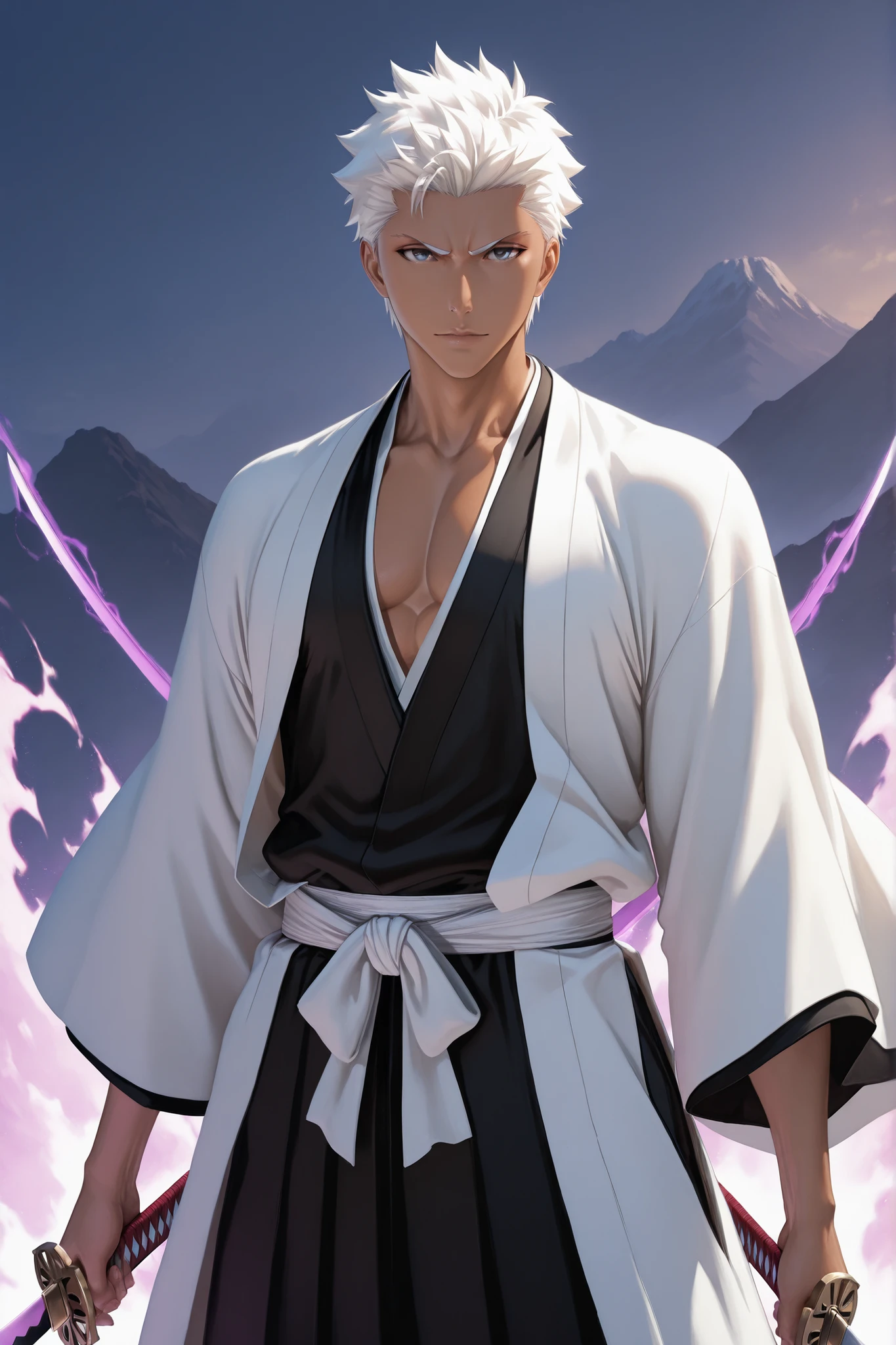 masterpiece, ultra-detailed, 4k, hd, perfect lighting, best quality, detailed face, detailed eyes, realistic texture, perfect eyes, perfect hands, beautiful, vivid colors, mature man, white hair, sharp and confident expression, ((wearing a black kimono and white haori with intricate details)), (resembling a Bleach taichou), wielding two swords in a dynamic pose, confident look, looking at viewer, outdoors setting during golden hour, dramatic lighting and volumetric shadows, ethereal atmosphere with glowing reishi and spiritual energy, artistic Japanese style, powerful and mysterious aura, semi-realistic, intricate, hyper-detailed, balanced and proportional design, emiya_archer, messy hair, darkskin)
,