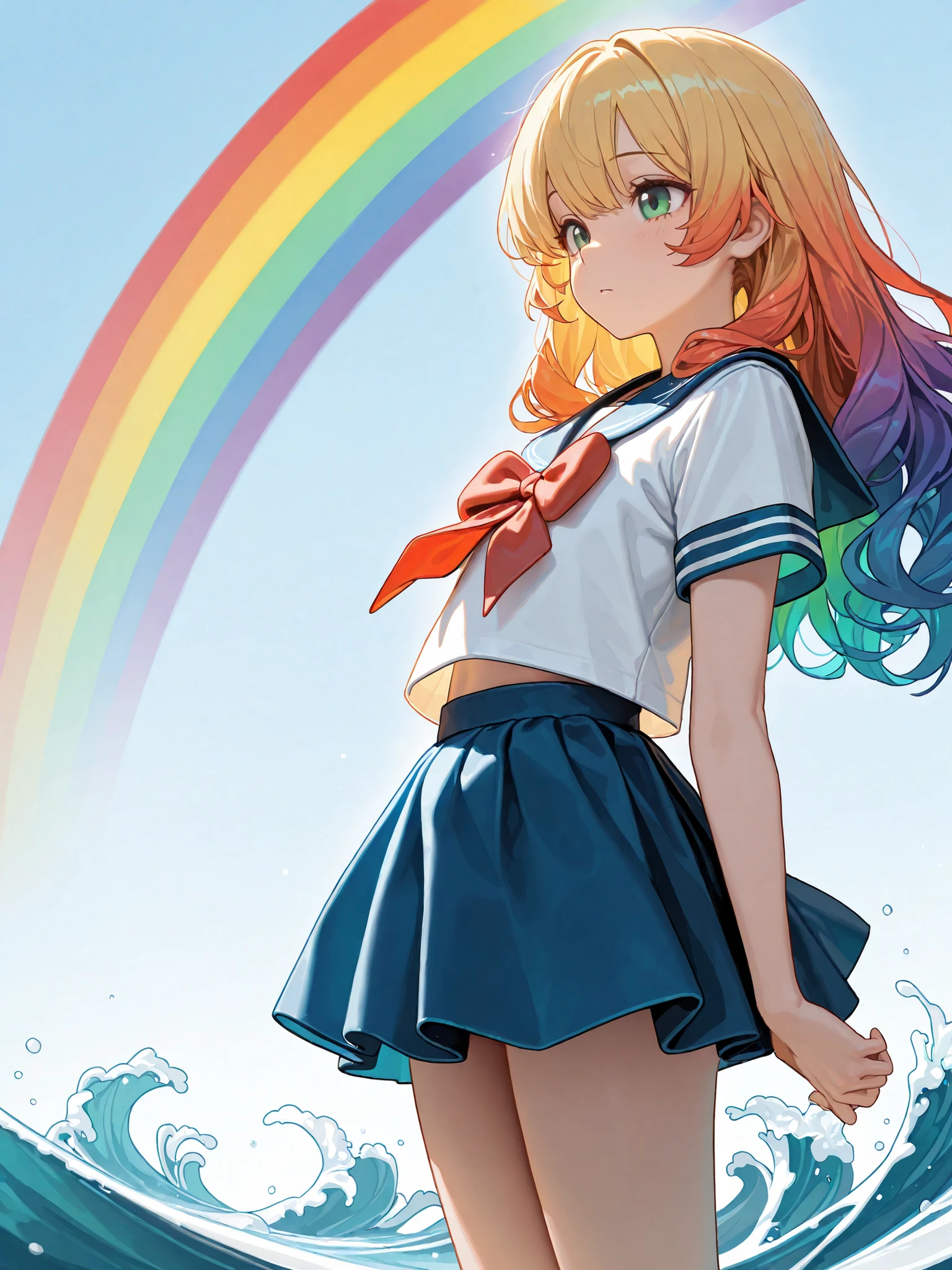 (masterpiece), Best Quality, completely complete, solo, small, Light color,
semi-long hair, wave hair, short bang, ( Gold:1.2), green eyes, Flat chest, Clear Sky, rainbow, (sailor uniform:1.2), (blue miniskirt) Ultrafast air flow, (face close-up:0.7), (shortcuts below eyes:1.2), quick, (NSFW:0.8),