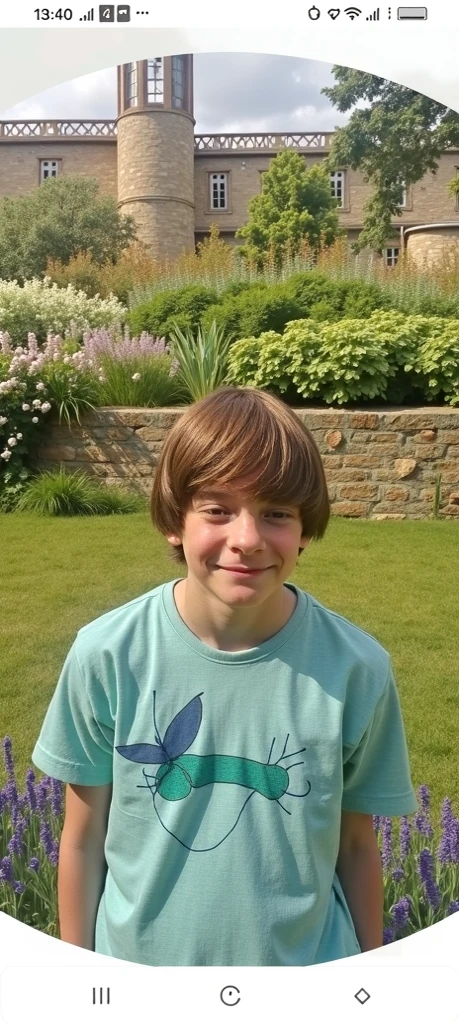 A portrait photograph of a young boy with light skin and short, slightly disheveled brown hair with straight bangs framing his face. He has large, prominent ears and is facing directly towards the camera with a neutral expression. The boy is seated on a brown upholstered couch with a dark brown frame, which is partially visible in the midground. He is wearing a royal blue short-sleeved T-shirt with a white graphic print of a person's silhouette, likely representing a sports figure, and the word 'Sports' in white cursive script below it. The background features floral wallpaper with large gray flowers and black vines on a white background, creating a subtle contrast to the subject. To the left, there is a partially open wooden door revealing a dimly lit room with a dark brown wooden cabinet with two closed doors and a refrigerator. The lighting is soft and natural, creating an even illumination across the subject's face and upper body without harsh shadows. The photograph is taken from a front angle, slightly to the left of the subject, with a shallow depth of field that keeps the focus on the boy while softly blurring the background elements. The overall mood of the image is neutral and casual, capturing a moment of stillness in what appears to be a domestic setting.