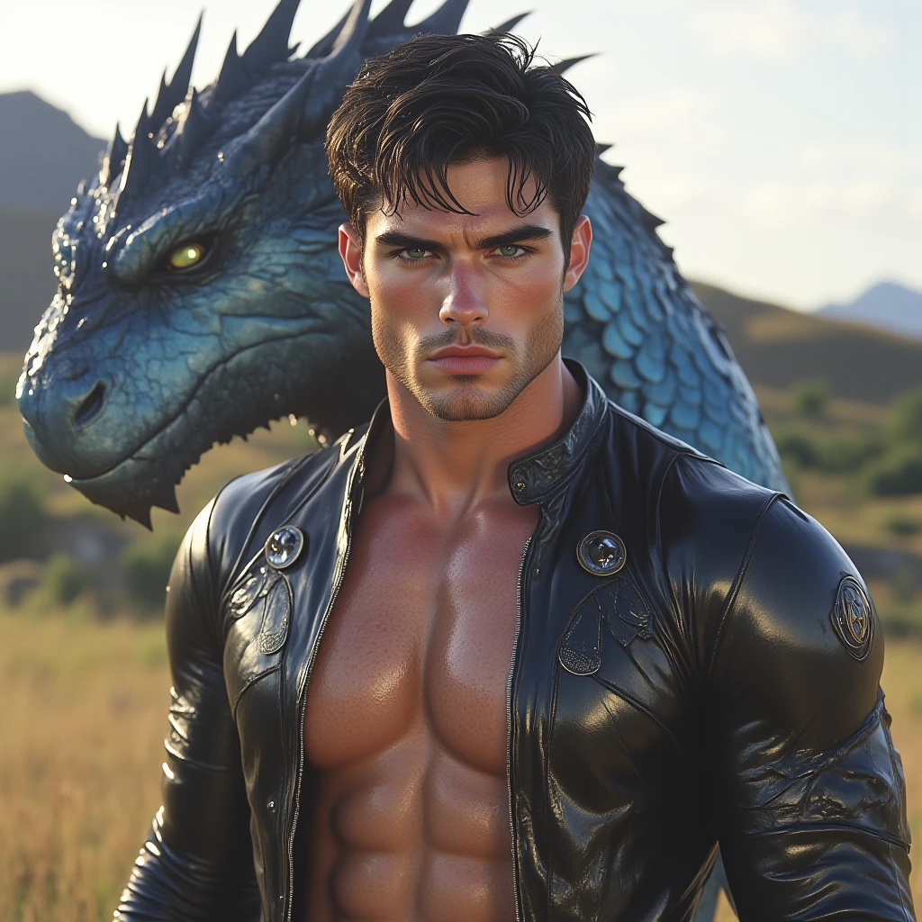 High resolution photography of a "miron aquino", with green eyes, gross lips, with a dark big and fiery dragon at his back, cozy atmosphere; 8k, intricate detail, photorealistic, realistic light, wide angle, kinkfolk photography, game of thrones eñstyle