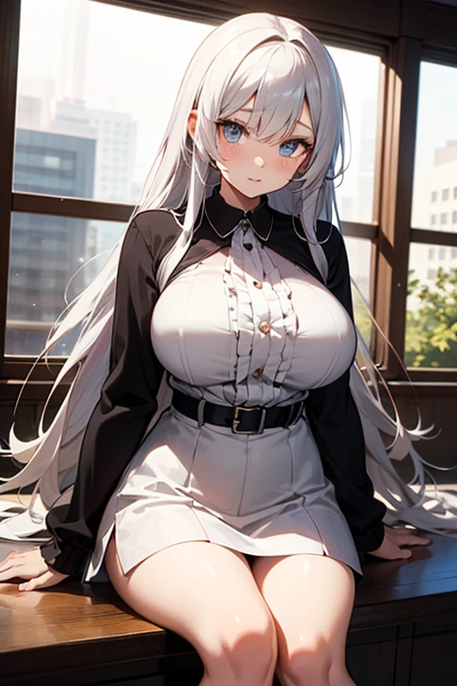 anime girl in a maid outfit sitting on a bench with a city in the background, best anime 4k konachan wallpaper, fine details. girls frontline, lolish, from girls frontline, from the azur lane videogame, nightcore, azur lane style, cute anime waifu in a nice dress, perfect white haired girl, seductive anime girl, smooth anime cg art
