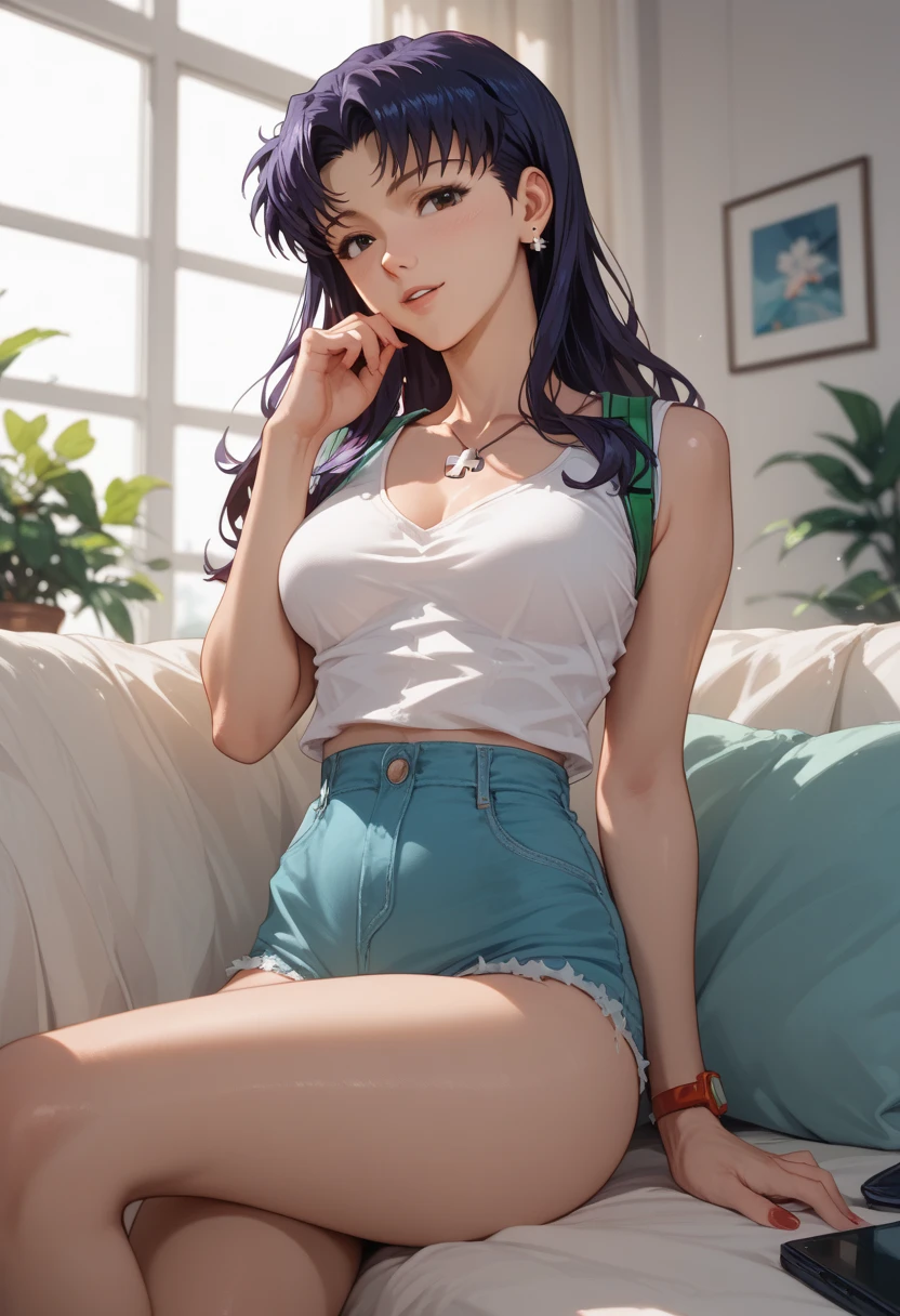 Mature woman, detailed beautiful eyes, eyeshadow, detailed face, shy, lying on tatami in private house, blue eyes, shabby cotton tank top, shorts