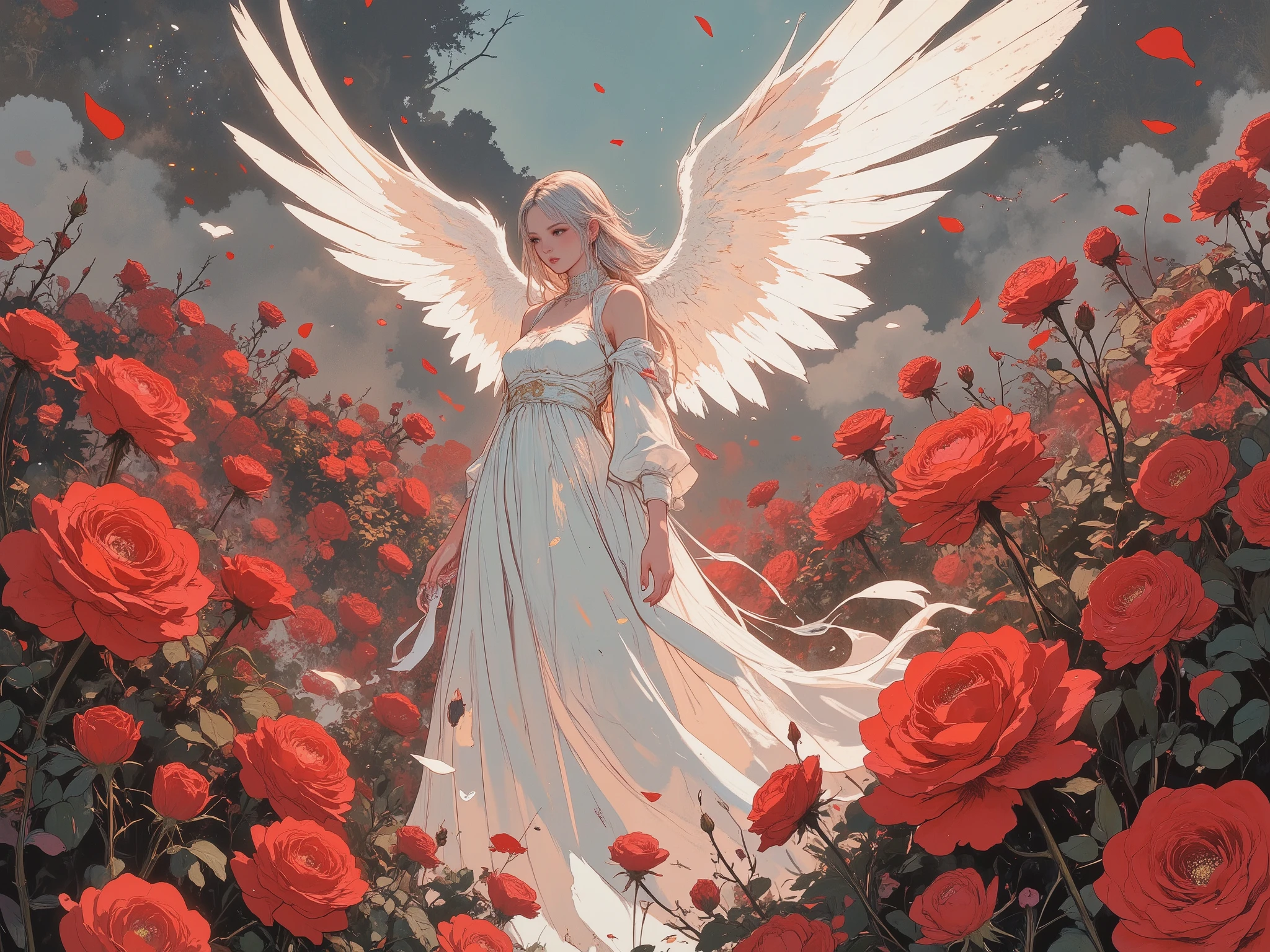 "(TOP QUALITY, HD, masterpiece:1.4)、8k、((Handwriting、Watercolor Pencil Drawing )) photorealistic、Fine Art Performance, photorealistic、Fine Art Performance. Anime-style "Fantasy-style (ethereal divine beauty:1.4), depicting a celestial angel surrounded by an ocean of roses. The angel has shimmering, translucent wings that glow softly with heavenly light, their edges blending with the misty, rose-filled background. They are trapped among the roses, their delicate petals both caressing and ensnaring the figure, as if forming a fragile yet beautiful prison. The angel's expression is a mix of sorrow and grace, their silver hair cascading down in smooth waves, adorned with scattered rose petals (soft elegance:1.3). Their flowing gown of pure white silk glimmers faintly, as if woven from threads of moonlight, and it is tinged with hints of crimson where it brushes against the thorned stems. The roses are in full bloom, their deep red hues contrasting against the angel's radiant light, while shattered petals litter the ground like a tragic symphony of beauty.
(Atmospheric details:1.3) include a soft-focus glow, with beams of divine light breaking through the mist, highlighting the angel's form. The thorns glisten with dewdrops, hinting at the fragile balance of beauty and pain. Floating, glowing rose petals drift through the air, adding a dreamlike quality. Style: hyper-detailed, soft textures, cinematic lighting, dynamic composition, and a blend of divine purity with bittersweet romance."
