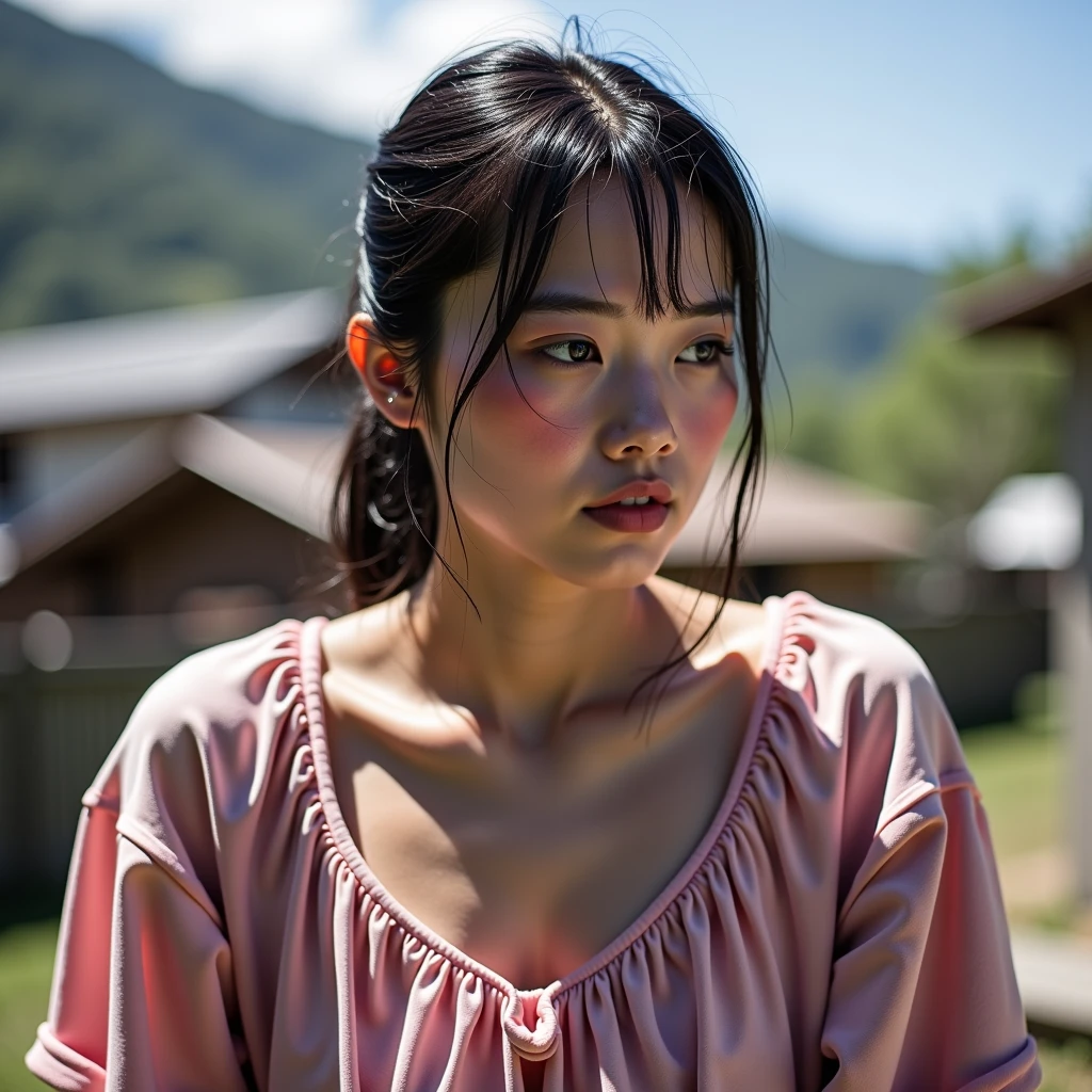 1girl, beautiful detailed female japanese woman, young, japan, japanese face, short, thicc, natural, natural lashes, no makeup, glistening sweat, pale skin, thin face, skinny face, traditional clothing, arafed woman, japanese farmer, japan harvest, japan rural travel, japanese woman, traditional japan, edo style, rural japan, yukata, kimono, head covering, paddy field, impoverished, disheveled, farmer, farming, messy thick luscious hair, jet black hair, tied short hair, detailed face, penetrating eyes, beautiful detailed lips, extremely detailed skin, detailed clothing, (best quality,4k,8k,highres,masterpiece:1.2),ultra-detailed,(realistic,photorealistic,photo-realistic:1.37), natural lighting, warm color tones, cinematic composition