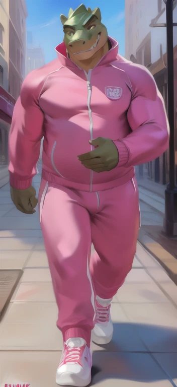 full view, full body, one Sexy young artificially tanned white bald over-musuclar man, shirtless wearing neon-green compression leggings and white futuristic running socks, shoes off, no shoes, gold chains, bracelets, rings, arrogantly running in his white futuristic socks on treadmill in gym, showing off his white socks