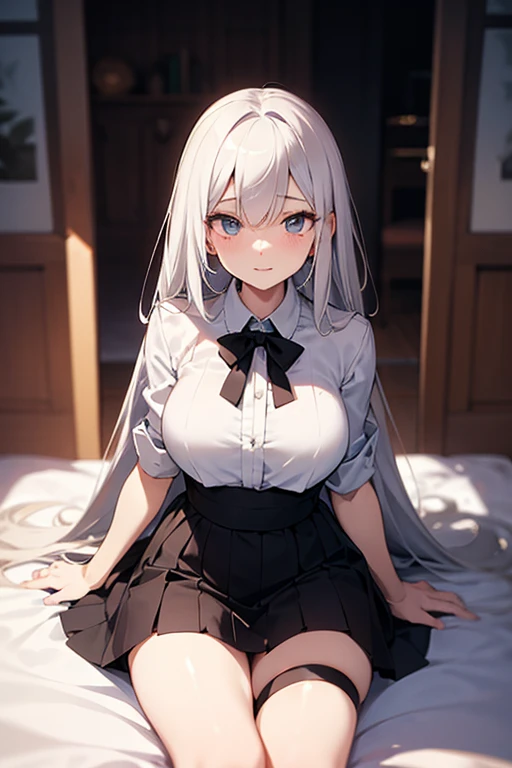 (8K, Best Quality, Masterpiece:1.3)), Ultra High Resolution, (One Girl, One Person), (Color Changing Eyes, Super Detailed, Expressive Sparkle, Sparkling, Glowing Eyes), Highly Detailed Eyes, Highly Detailed Face, Random Hair, (Silver Gray Color), "A woman lying on her back wearing a blazer with a low neckline." The background is the school nurse's office, lined with beds and curtains. It is after school, and the soft light from the window warmly illuminates the entire nurse's office. The woman is lying on her back, her silver hair spread across the pillow.

She is wearing a black blazer with a low neckline. The V-shaped cut of the blazer accentuates her chest, and a cute light blue bra is visible underneath. The bra is decorated with lace and ribbons. The skirt of her uniform is slightly lifted, and the skirt above her knees hangs over the edge of the bed.

She is wearing a peaceful smile with a slight blush. Her figure blends in with the tranquil atmosphere of the nurse's office, and the lighting in the background adds a soft glow to the whole image.