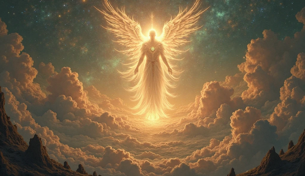 Open space with yellow clouds and small black holes with a completely black angel with open arms and in the middle the infinity symbol glowing red