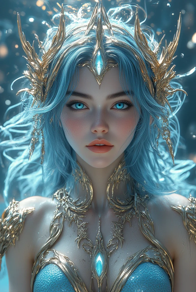 ((best quality)), ((masterpiece)), ((realistic)), portrait,
1girl, celestial, deity, goddess, light particles, halo, looking at viewer,
(bioluminescent:0.95) ocean, bioluminescent, vibrant, colourful, color, (glowing, glow),
(beautiful composition), cinematic lighting, intricate, (symmetrical:0.5), whimsical,