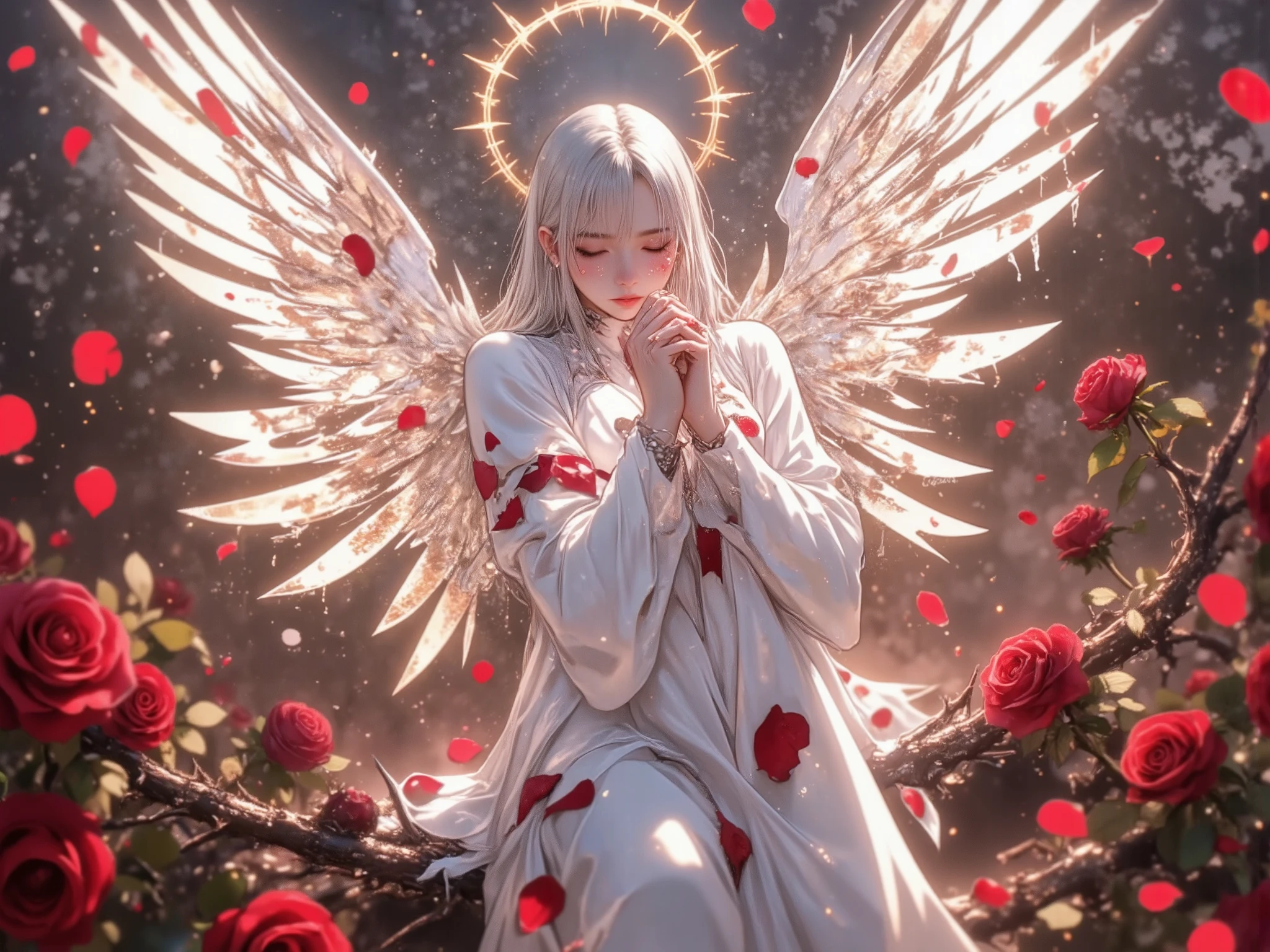 "(TOP QUALITY, HD, masterpiece:1.4)、8k、((Handwriting、Watercolor Pencil Drawing )) photorealistic、Fine Art Performance, photorealistic、Fine Art Performance. Anime-style "Fantasy-style (ethereal divine beauty:1.4), depicting a celestial angel surrounded by an ocean of roses. The angel has shimmering, translucent wings that glow softly with heavenly light, their edges blending with the misty, rose-filled background. They are trapped among the roses, their delicate petals both caressing and ensnaring the figure, as if forming a fragile yet beautiful prison. The angel's expression is a mix of sorrow and grace, their silver hair cascading down in smooth waves, adorned with scattered rose petals (soft elegance:1.3). Their flowing gown of pure white silk glimmers faintly, as if woven from threads of moonlight, and it is tinged with hints of crimson where it brushes against the thorned stems. The roses are in full bloom, their deep red hues contrasting against the angel's radiant light, while shattered petals litter the ground like a tragic symphony of beauty.
(Atmospheric details:1.3) include a soft-focus glow, with beams of divine light breaking through the mist, highlighting the angel's form. The thorns glisten with dewdrops, hinting at the fragile balance of beauty and pain. Floating, glowing rose petals drift through the air, adding a dreamlike quality. Style: hyper-detailed, soft textures, cinematic lighting, dynamic composition, and a blend of divine purity with bittersweet romance."