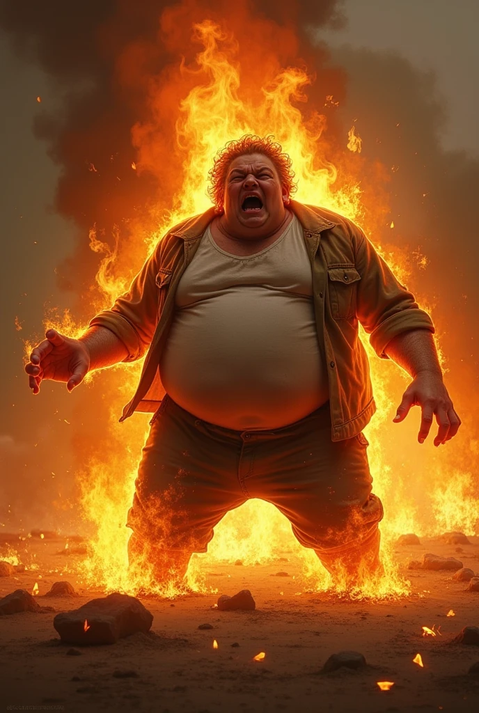 A crazy psychopath who is on fire and looks crazy, who is human and has a gun and is fat