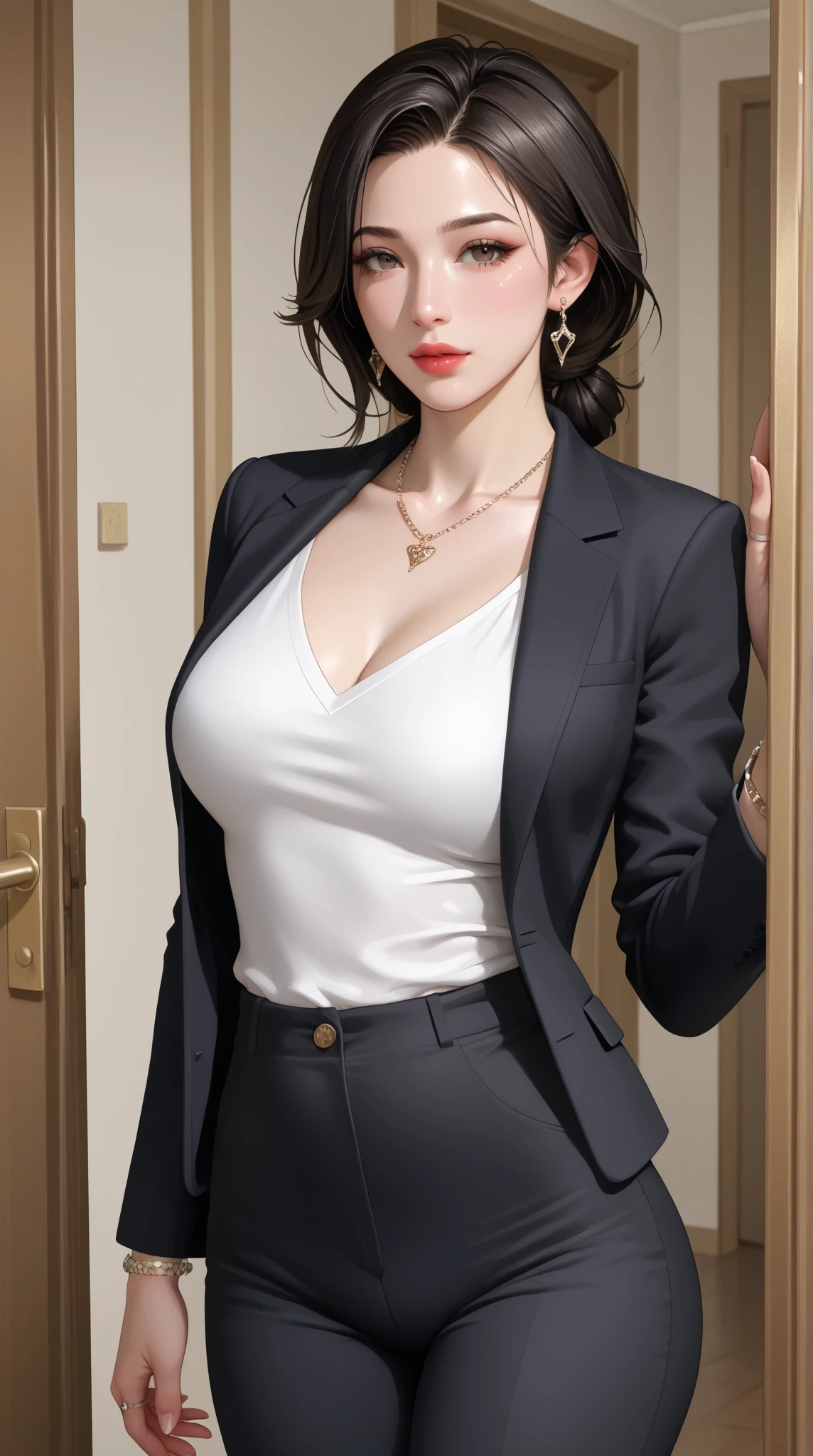 photorealistic, high resolution, 1women, mature female, solo, hips up, black hair, short hair, longsleeve white shirt, belt, pants, police, cleavage, (downblouse), necklace,sharp jawline,makeup, indian jhumka earrings,red lipstick , blazer 