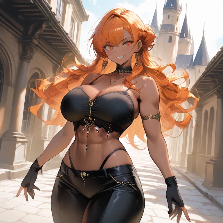 fullbody screencap of female villain. she has long curly red hair and blue eyes behind her is a fallen castle. Her outfit is that of a high priestess corrupted. her body is  adorned with jewels,
,
High Resolution, Long Hair, Red Hair, , Curly Hair, Large breasts, Earrings, Crystal Earrings, Blush, purple Jewelry, Crown, Anime, chubby stomach, large butt, gothic dress, dominatrix, grin