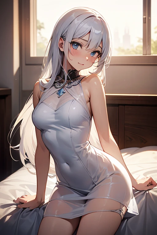 Character Details:, - Gender: 1 Girl. - Style: Anime, - Body Type: Attractive body, nice body, nice legs, slim tights, nice arms, nice shoulders. - Breast: (Small Breast:1.2)- Facial Feature: Beautiful, Gorgeous, Teenager, Fresh, Young. - Expression: Small smile, shy Look, (blue pink eyes). - Hairstyle: Blunt Bangs. - Hair Color: (White Grey Hair:1.5), (Straight and Wavy Long Hair:1.3), - Clothing: (Tennis Attire, Open Sleeves, Can see shoulder:1.6, Laced Stocking.). - Body Pose: (Sitting on bed:1.3), (Hands down).. - Behaviour: Waiting, Want Something, Secretly. - Accessories: Earrings, thin Black Headband, Green Hair Accessories, Environmental Details:, - Setting: Bed Room., - Lighting: Natural Light., - Decoration: Modern Bed, Chair, Window, White Curtain, City View. Top view. pov, anime style, UHD, retina, masterpiece, accurate, anatomically correct, textured skin. One Hand on cheek, one hand down.