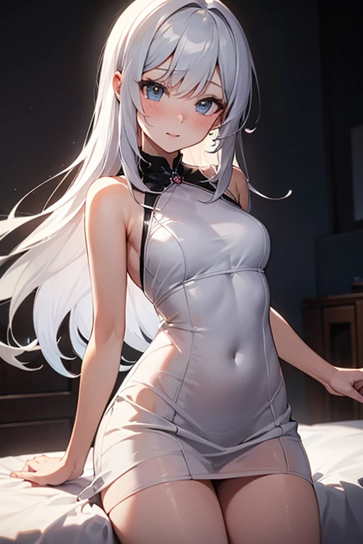 1girl, solo,bangs, (white pantyhose),bare_shoulders,covered,cameltoe,white one-piece swimsuit,closed_mouth, collarbone, covered_navel, eyebrows_visible_through_hair, gradient, gradient_background, highleg, white highleg_swimsuit, long_hair,looking_at_viewer,small_breasts,purple_eyes, sidelocks, silver_hair, wet, wet_clothes,nsfw,